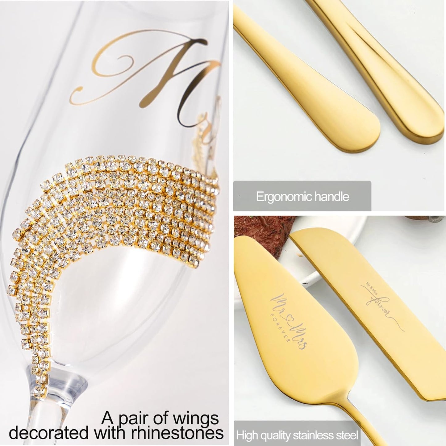 Wedding Cake Knife and Server Set, Gold Mr and Mrs Champagne Flutes and Cake Cutting Set for Wedding Bridal Shower Gifts (Gold)