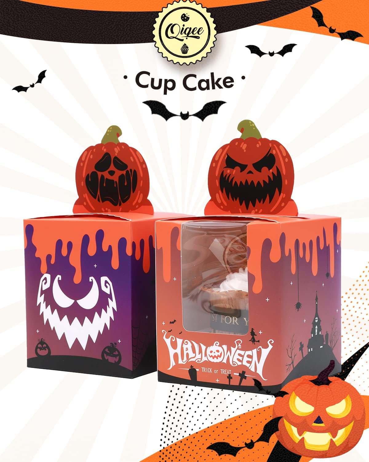 qiqee Halloween Individual Cupcake Boxes Cupcake Holders Disposable 60pcs Single Cupcake Boxes with Window 3.7" 3.7"*4.5" Cupcake Containers For Halloween