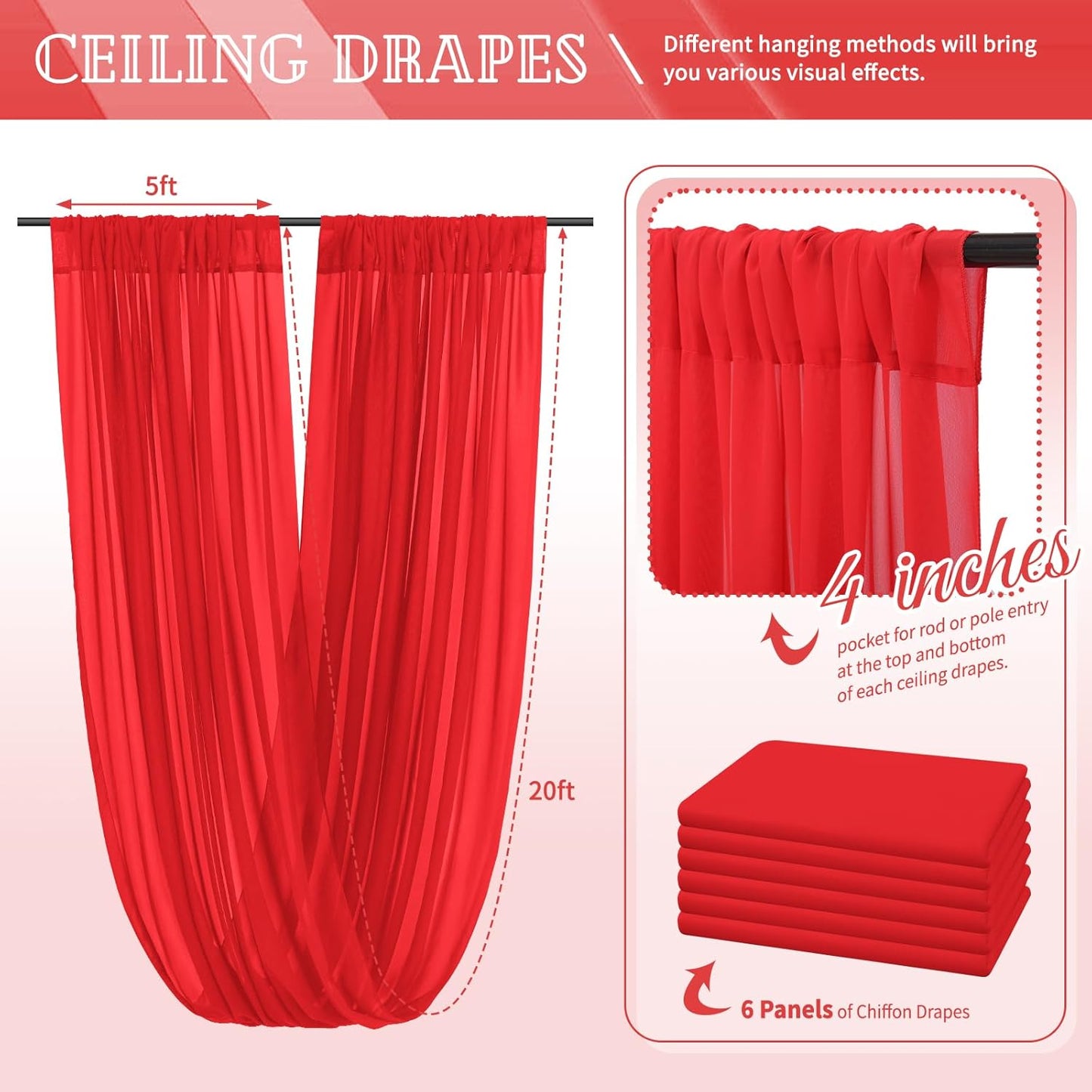 6 Panels Red Ceiling Drapes for Wedding 5ftx20ft Chiffon Fabric Arch Draping Curtains Sheer Drapery for Party Ceremony Birthday Baby Shower Reception Stage Swag Ceiling Decorations
