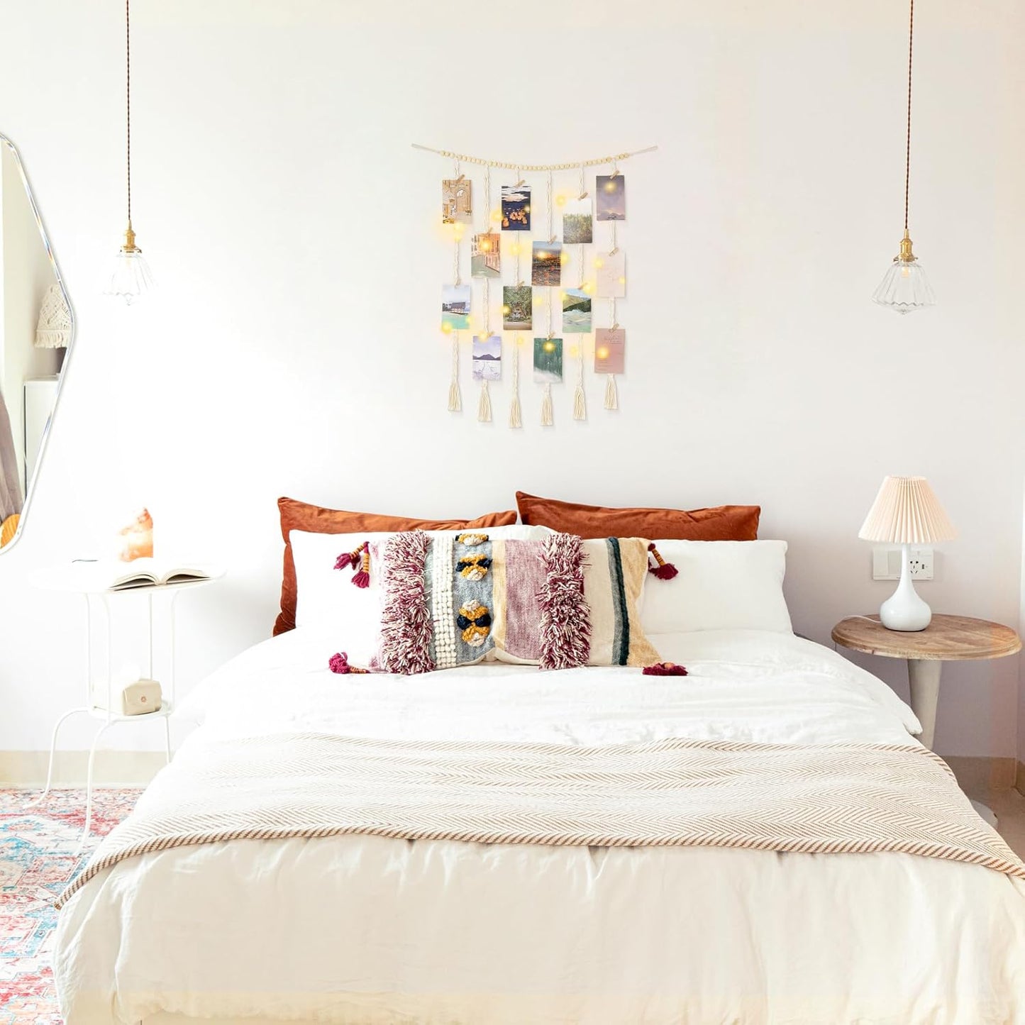 Mkono Macrame Hanging Photo Display Wall Decor with String Lights, Boho Wooden Beads Garland Collage Picture Card Frame Holder with 30 Clips for Bedroom Living Room Dorm, Teen Girls Christmas Gifts