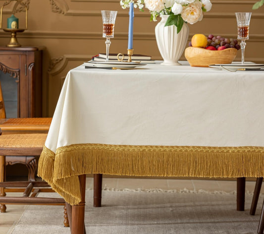 F-CHU White Tablecloth Thickset Velvet Tablecloth with Beautiful Gold Tassels Vintage Table Cloth for Home Decor Wedding, Party, Banquet and Events 60x86-Inch