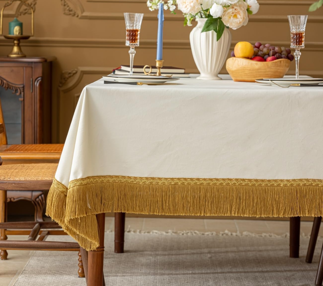F-CHU Luxury White Tablecloth Thickset Velvet Tablecloth with Beautiful Gold Tassels Vintage Table Cloth for Home Decor Wedding, Party, Banquet and Events 60x70-Inch