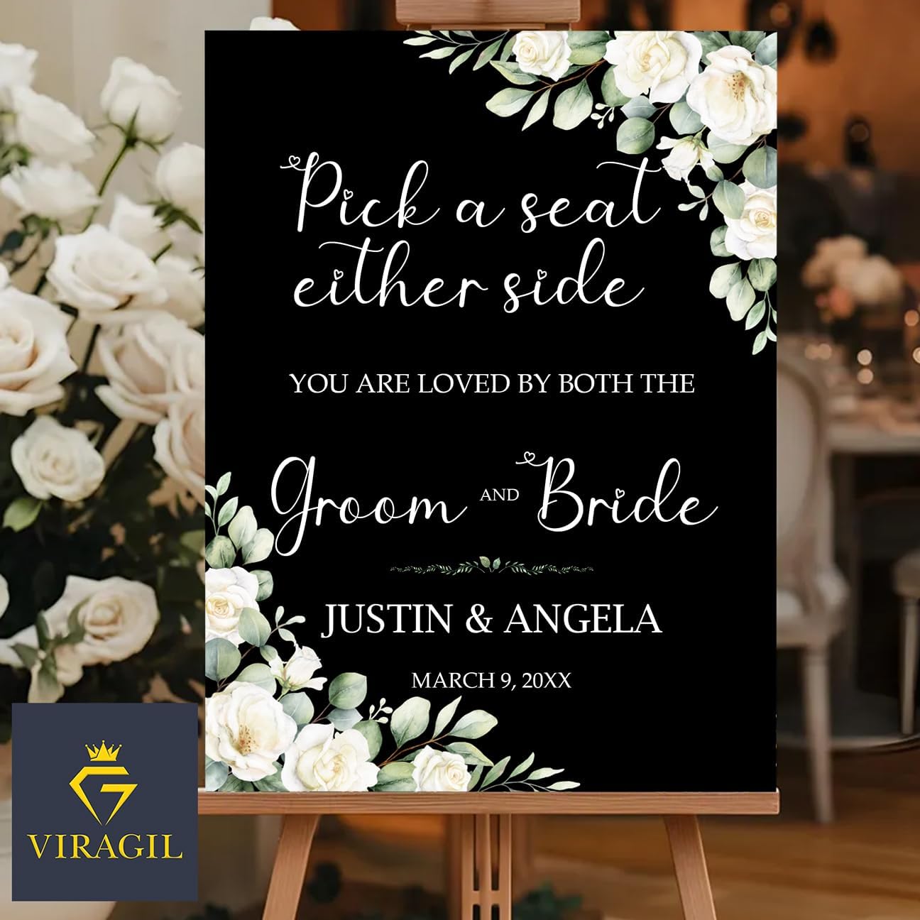 Pick a Seat Either Side Wedding Yard Sign – Custom Floral White Green Ceremony Sign – Acrylic or Corrugated Board