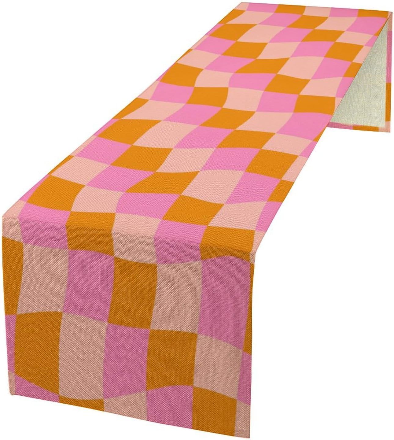Checkered Table Runner Orange Retro 60s70s Boho Style Kitchen Restaurant Decoration Suitable for Indoor and Outdoor Festival Home Wedding Party Table Runner 13x36 Inch