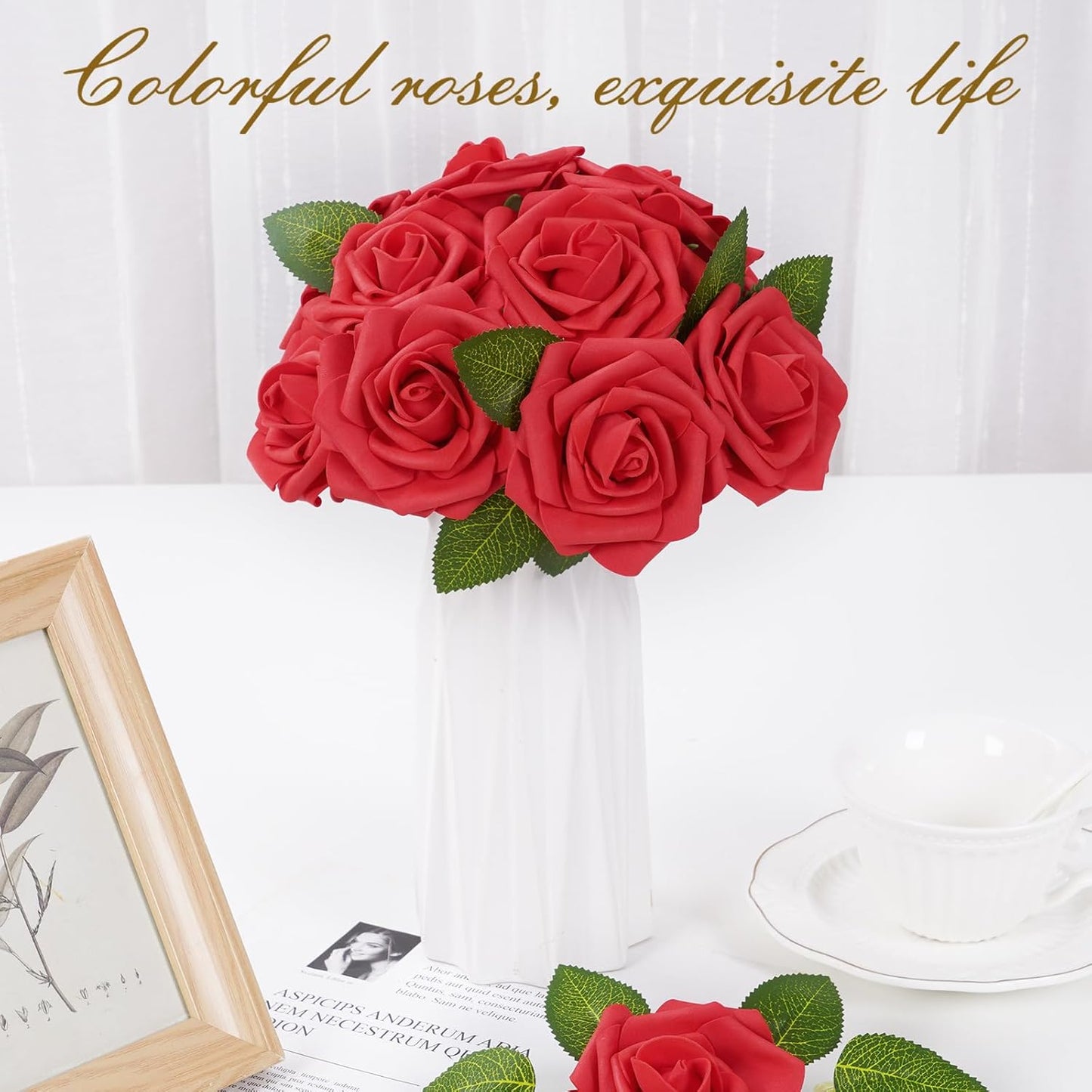 BLEUM CADE 16Pcs Artificial Flowers Fake Roses with Stems, Red Boxed Foam Roses for DIY Bouquets Centerpieces Wedding Party Arrangement Bridal Shower Decor