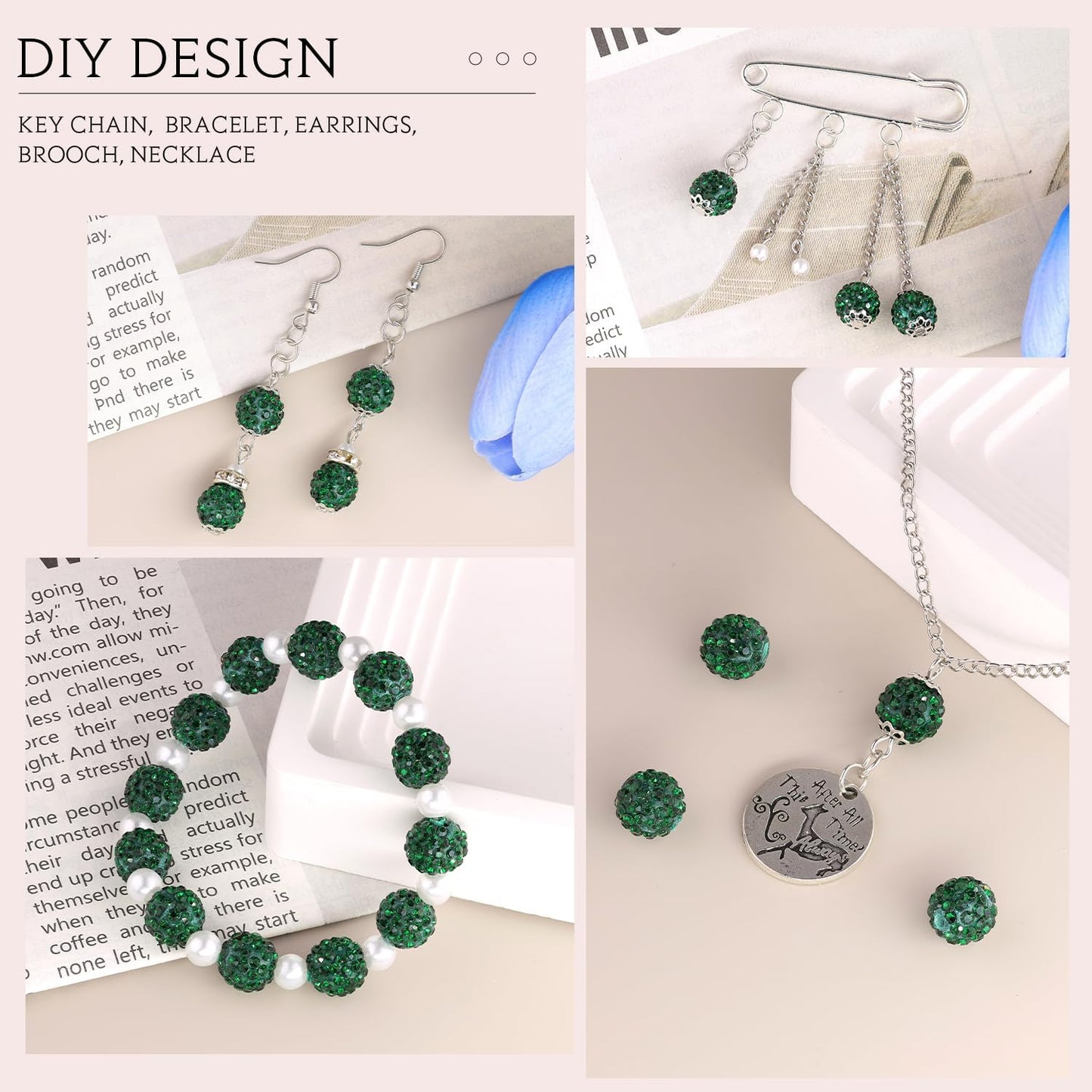 150 pcs 10mm Rhinestone Beads for Jewelry Making, Dark Green Shiny Round Shamballa Disco Beads Bulk, Sparkle Crystal Clay Christmas for Bracelet Baseball Necklace Earring Crafting and DIY