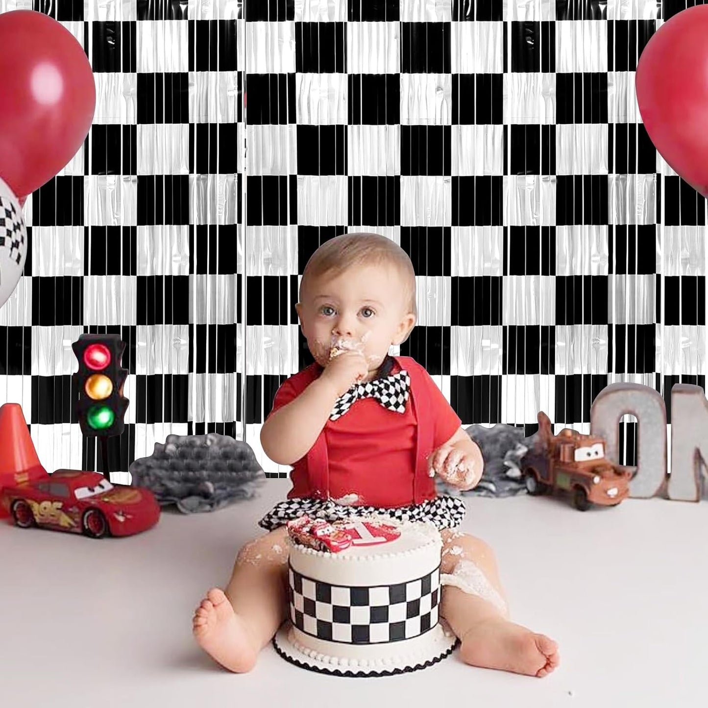 3 Pack 3.3Ft x 6.6Ft Race Car Checkered Foil Fringe Curtain Backdrop Decorations, Black White Metallic Tinsel Foil Streamers Curtain Photo Booth for Race Car One Happy Dude Birthday Party Decorations