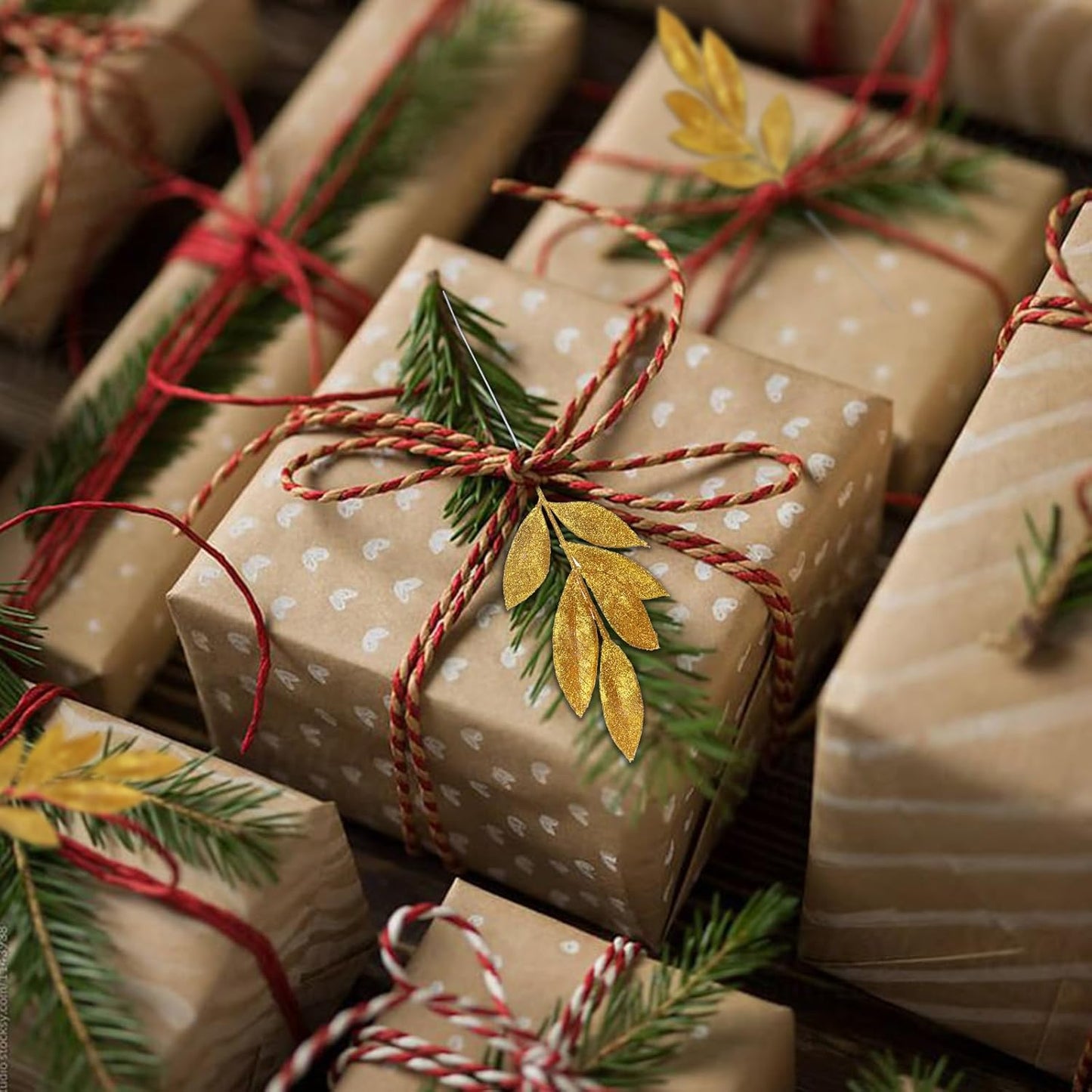 GREENTIME 12 Pack Artificial Golden Glitter Leaves 13" Fake Christmas Picks Decorative Glitter Sticks for Vase Christmas Tree DIY Wreath Crafts Fireplace Decor