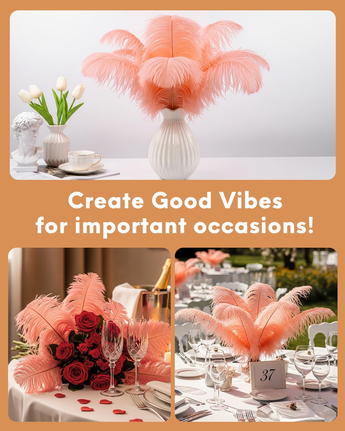 NEWONG 30pcs Rouge Pink Ostrich Feathers Natural Bulk 9-12in（23-30cm） Vase Craft Wedding Home Party Centerpieces Christmas Day Decoration