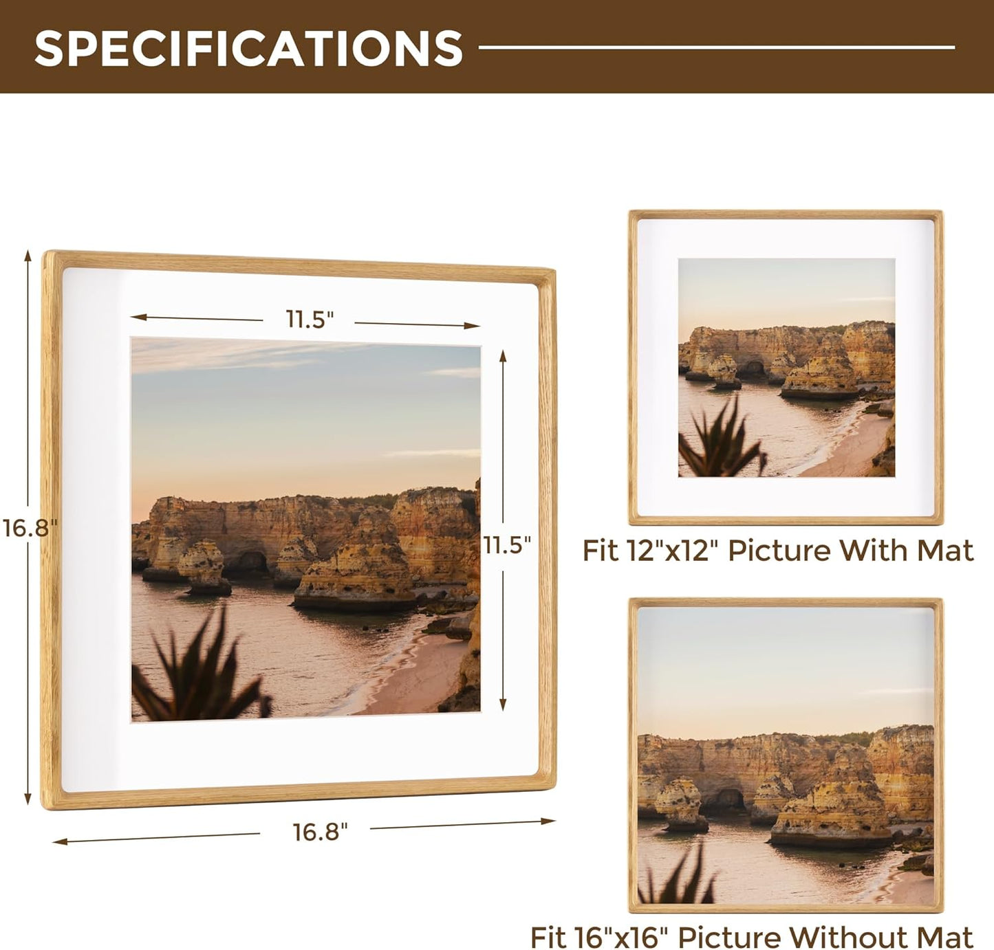 16x16 Picture Frame USA-Sourced Natural White Oak Wood Solid Original Wood Photo Frame Rounded Corner with Mat to 12x12 Picture Display with Real Glass Family, Wedding Picture, Photo, Certificate