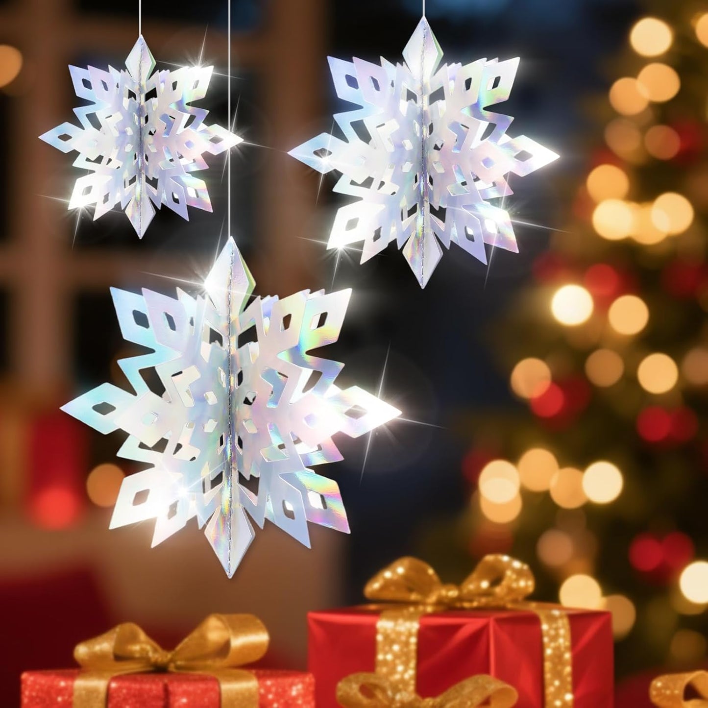 Benbilry 3D Hanging Snowflake Decorations for Christmas Tree, 24pcs 3 Size Winter Wonderland Decorations for Frozen Birthday Party, Christmas Home Decor - Iridescent
