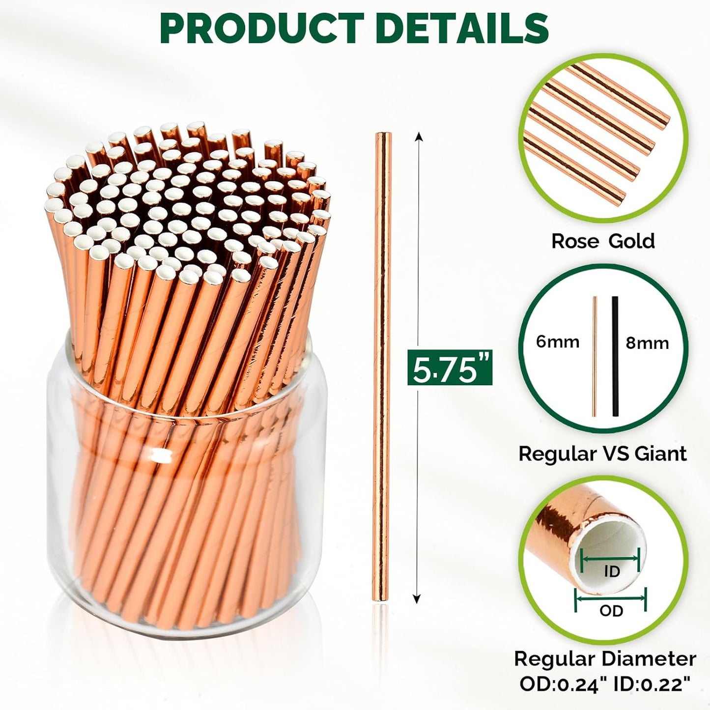 Rose Gold Paper Cocktail Straws, 5.75 inch, 500 counts, Disposable Short Small Drinking Straws for 8oz 10oz Cups