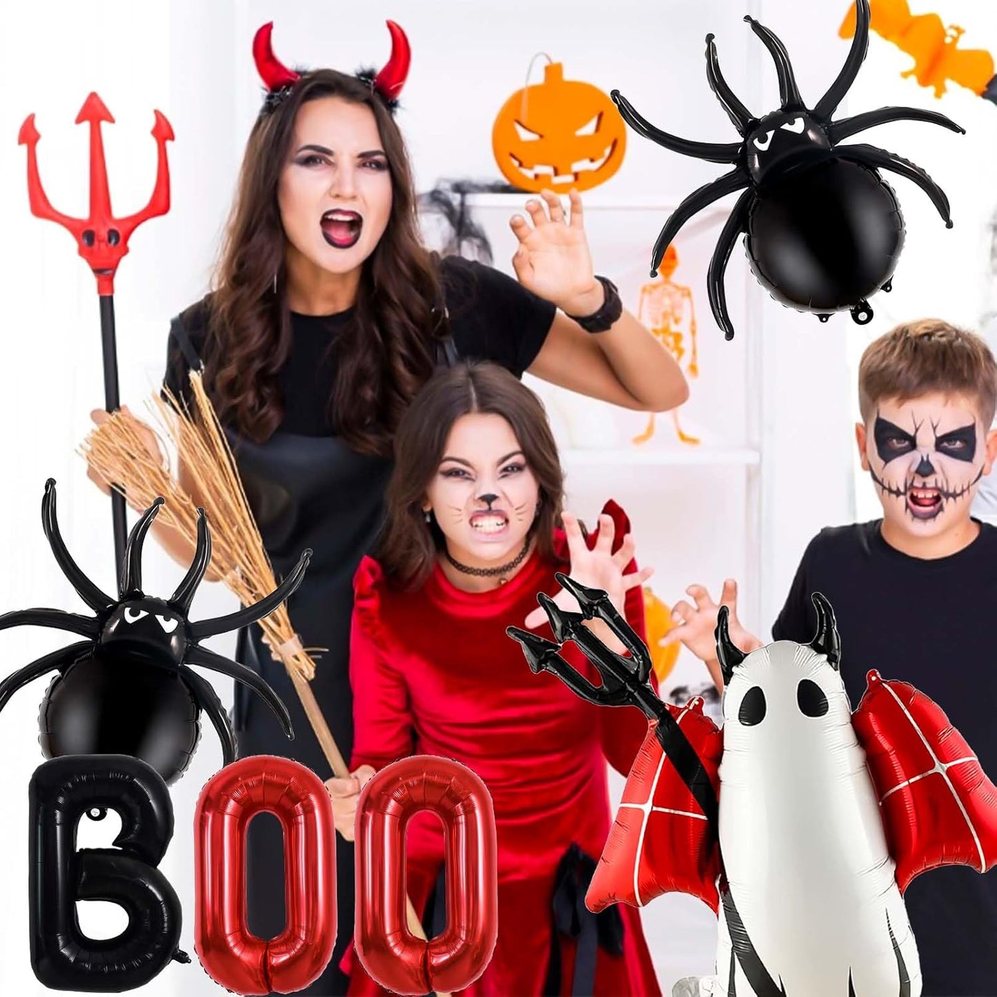 Halloween Balloons Decorations, Red Boo Letter, Devil, Spider Foil Balloon for Halloween Party Decorations (Red)