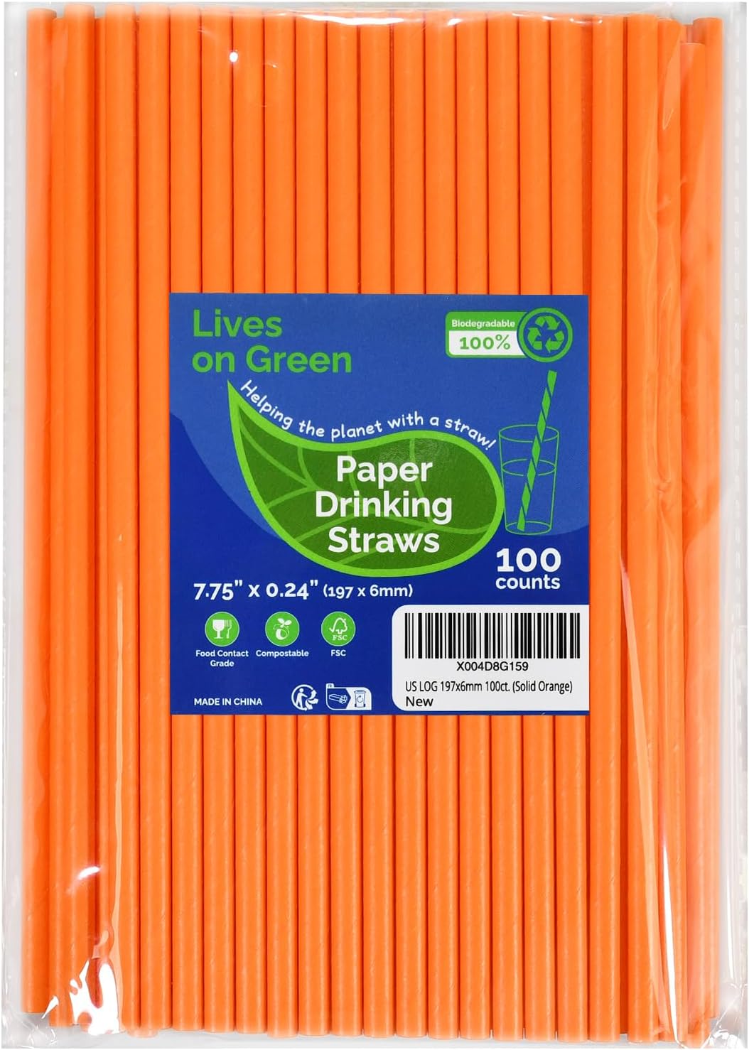 7.75 inch Solid Orange Paper Drinking Straws Unwrapped 100 Counts for Cocktail, Bar, Restaurants, Water, Juice, Soda