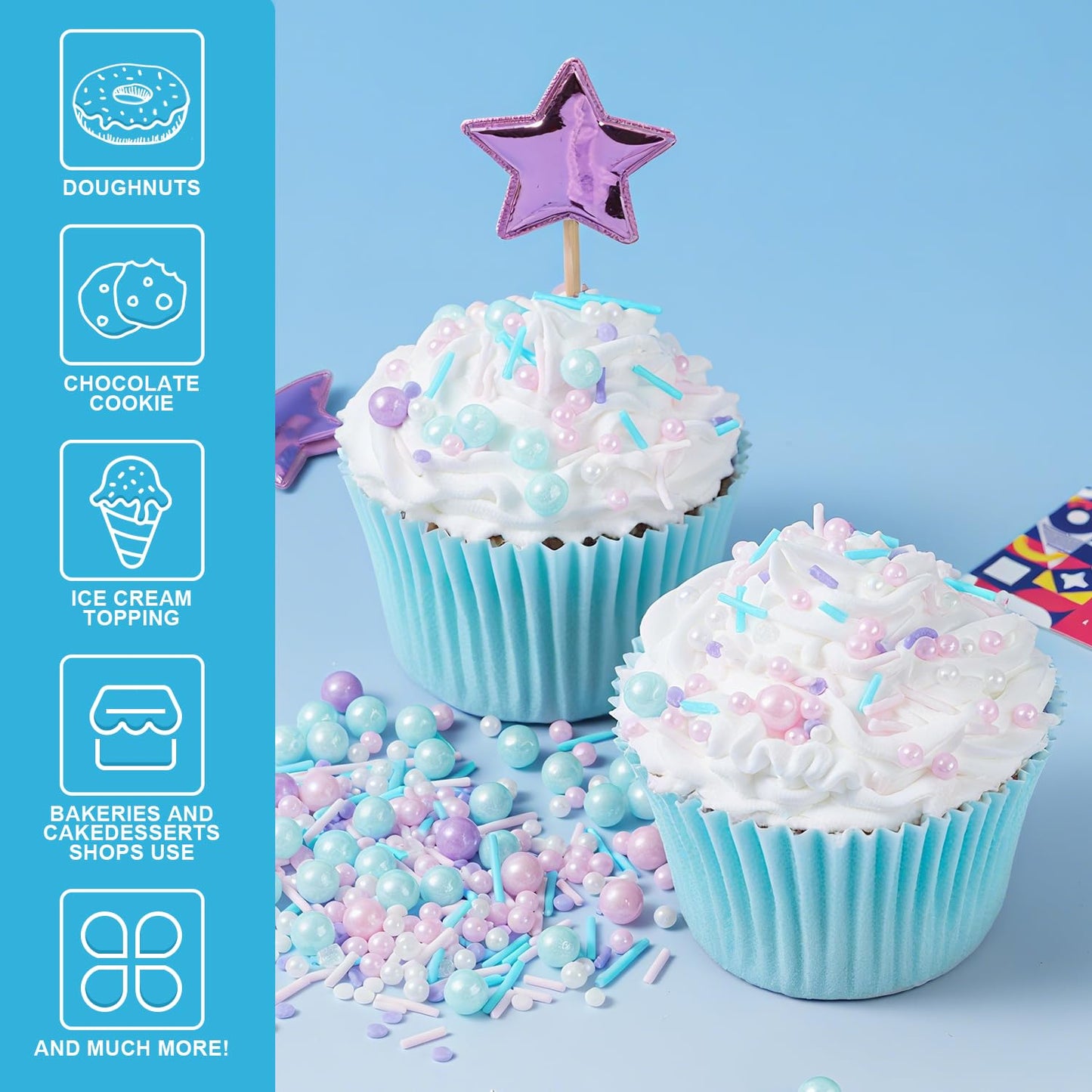 Pastel Sprinkles for Cake Decorating, 7oz Pink Purple Blue White Pearl Confetti Jimmies Mix - Sprinkles for Cupcakes, Ice Cream, Cookies, Baking Toppings - Wedding, Birthday, Christmas Party Supplies