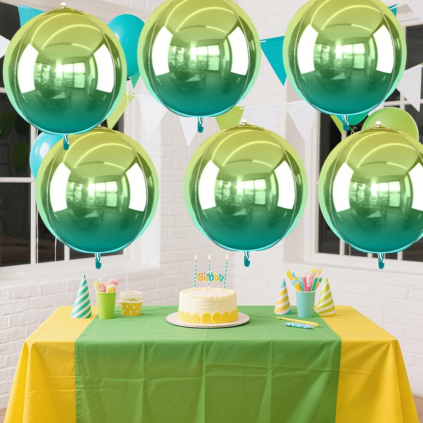 6Pcs Gradient Green Round Foil Balloons, 22" Large Helium Ball Mylar Balloon, Metallic Green Foil Balloon for Birthday Graduation Wedding Halloween Disco Prom Tropical Party Decorations