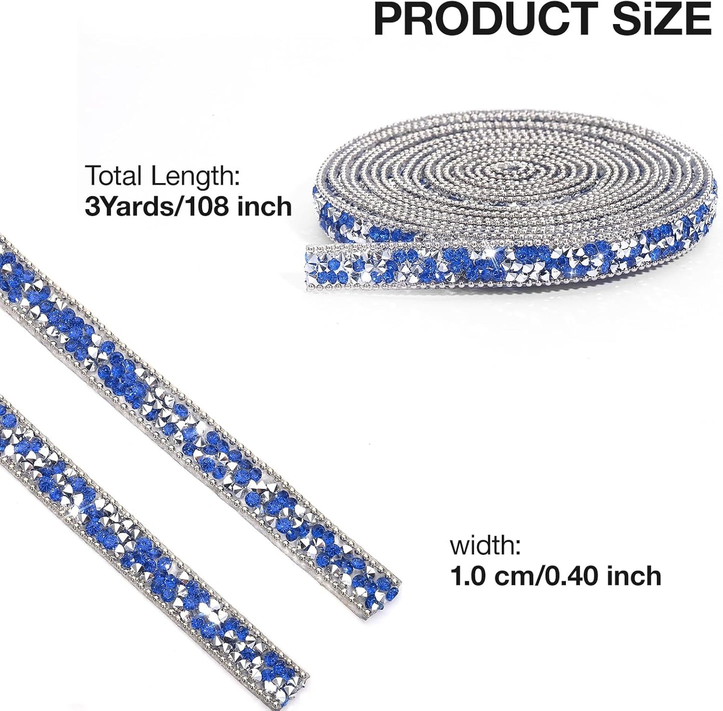 Self Adhesive Rhinestone Ribbon Diamond Ribbon Sticker Crystal Roll Glitter Bling Rhinestones Tape for Crafting DIY Art Decoration (Silver and Blue, 0.4 Inches*3 Yards)