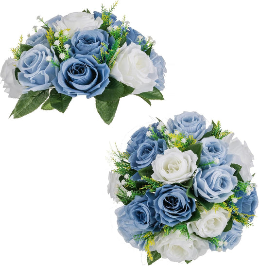 BLOSMON Flower Ball Centerpieces for Table 2 Pcs Fake Rose Centerpiece Flowers Dusty Blue Artificial Silk Floral Arrangement Center Piece Kissing Bouquet for Wedding Party Valentines Day Home Decor