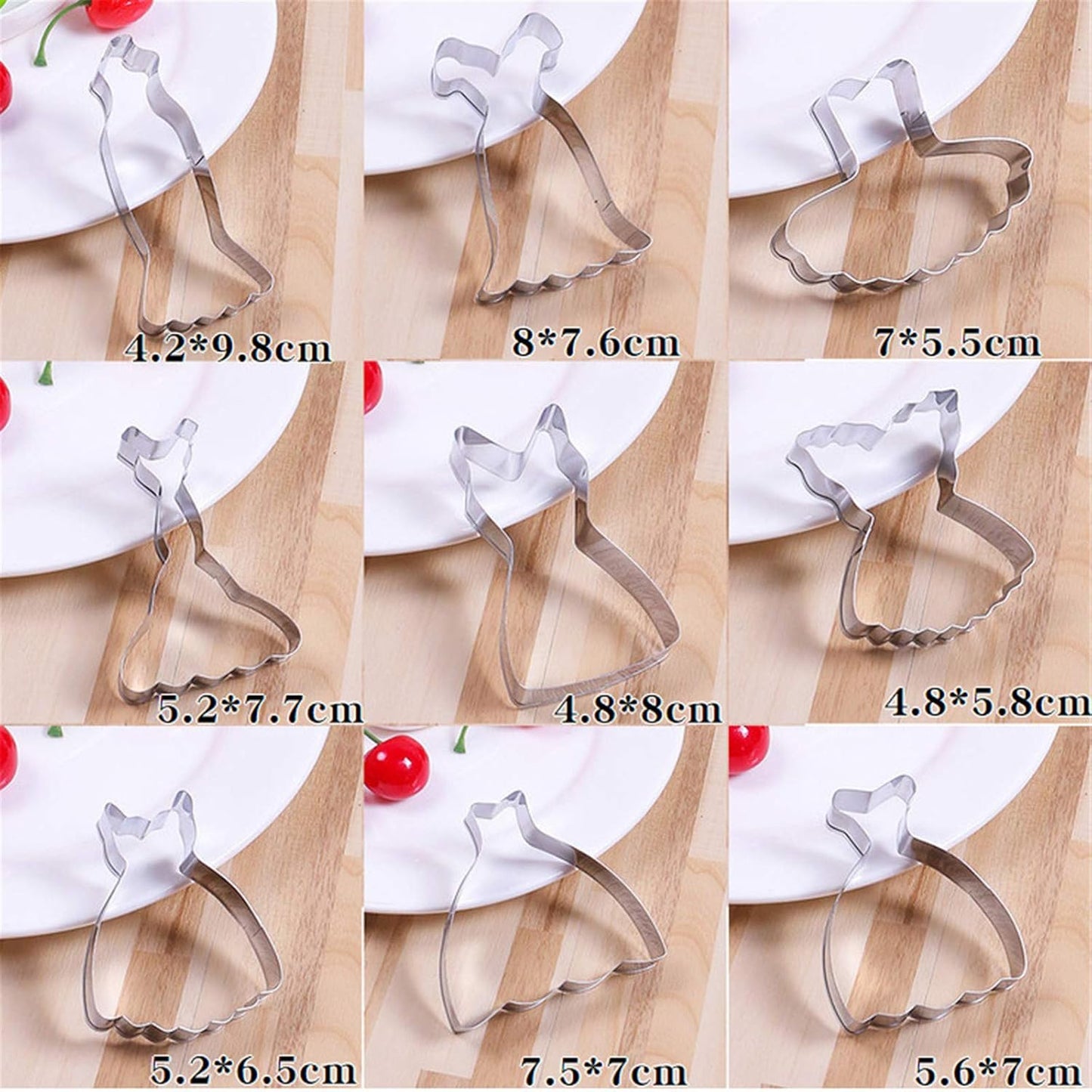 Mini Dress Cookie Cutter Set of 9 pcs, Stainless Steel Mini ONE-BITE SIZE Wedding Dress Shaped Fondant Cutters Baking Molds