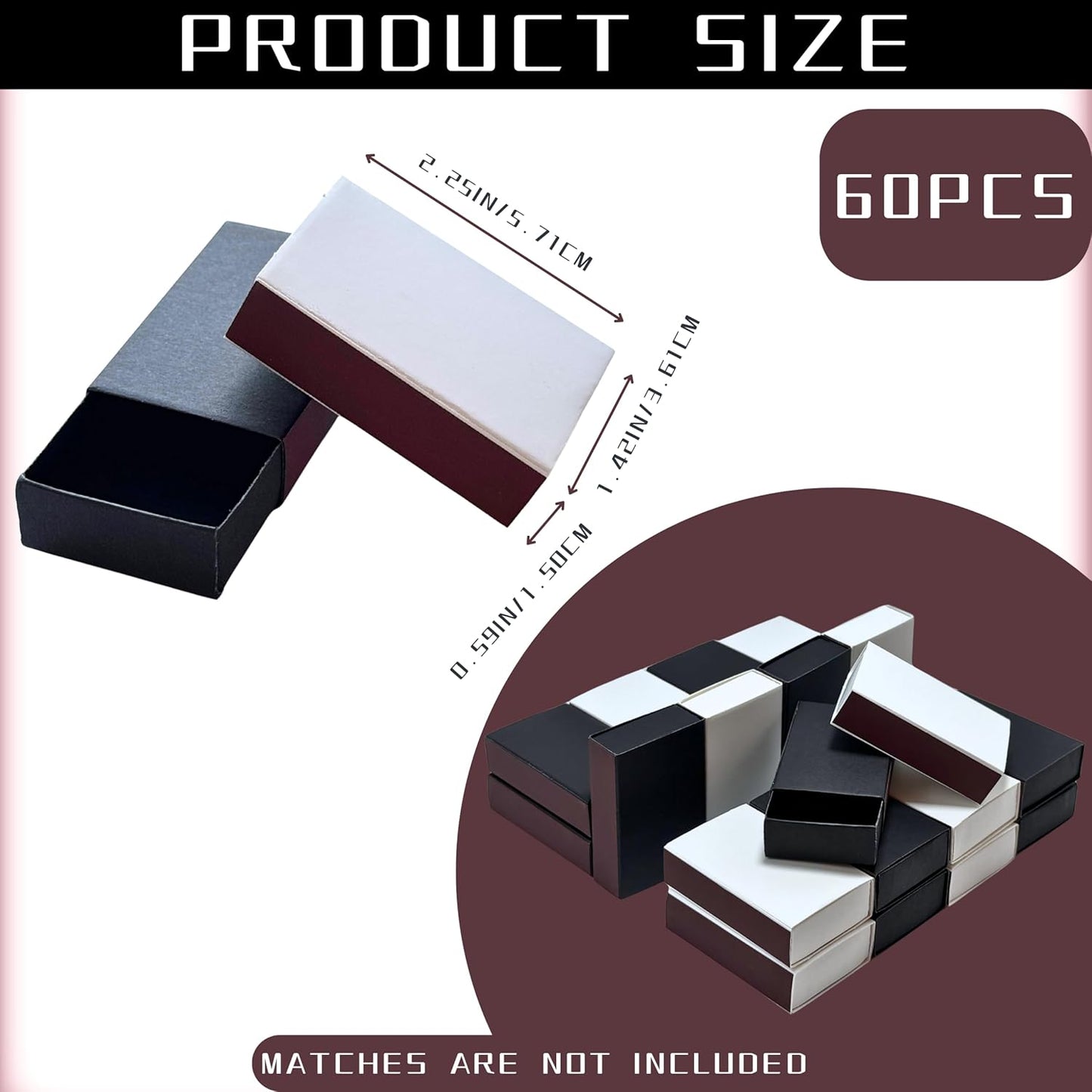 60pcs Blank Match Boxes, 2.25x1.42x0.59in Bulk White and Black Matchboxes DIY Plain Storage Containers Holders Double-Sided Striker Wedding Bridal Baby Shower Birthday Party Favor, No Matches Included