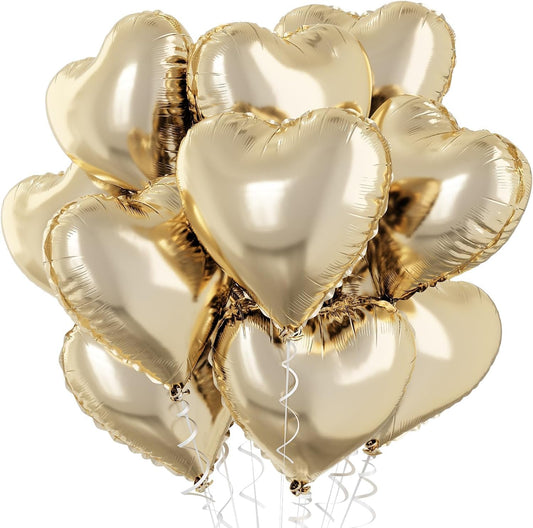 Pastel Gold Heart Balloons - 10 Pcs 18 Inch Light Yellow Foil Heart Mylar Balloons for Birthday, Wedding, Baby, Valentine's Party