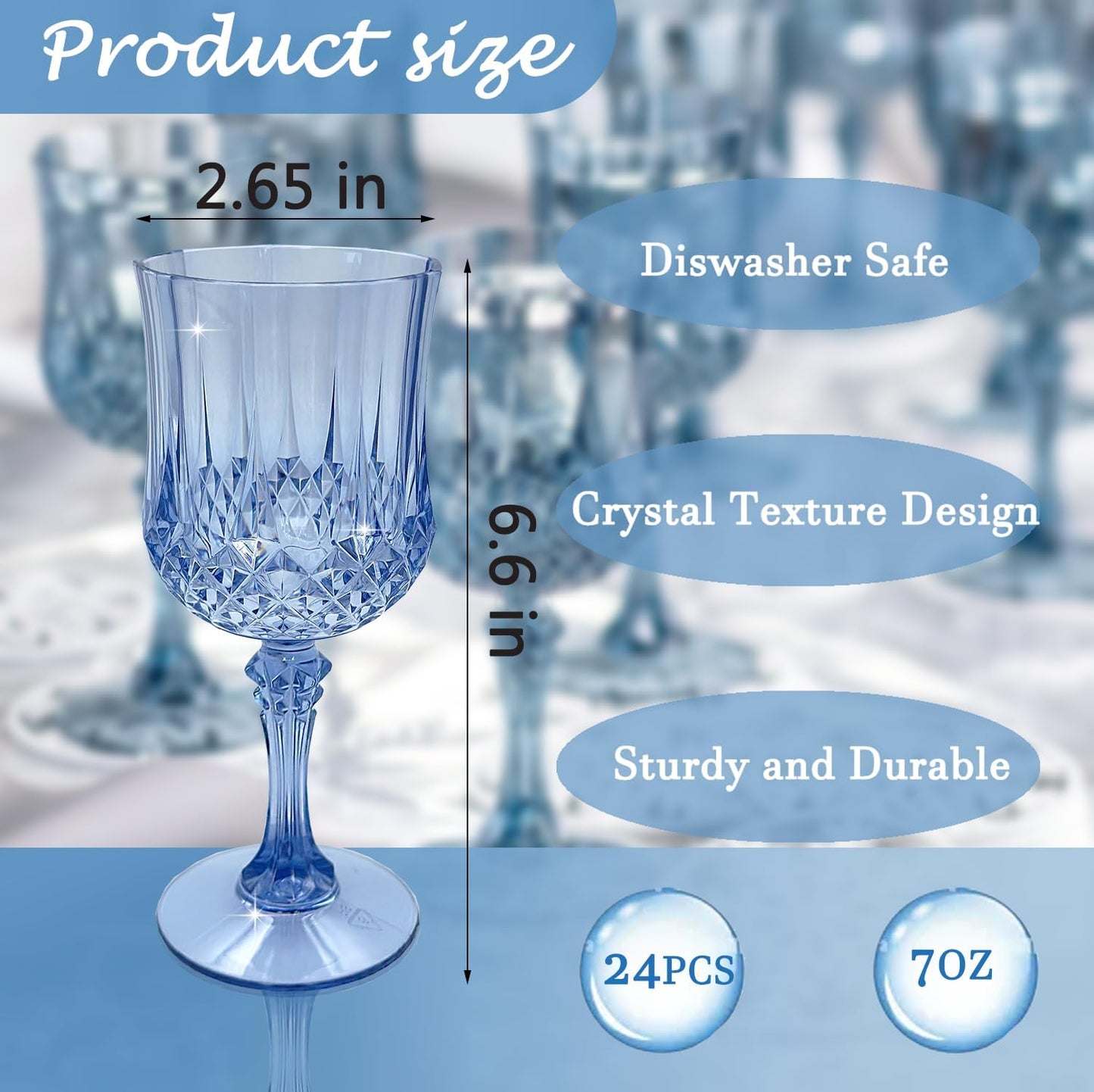 Plastic Wine Glasses，Plastic Goblets Vintage Style Cordial Drinking Glasses for Wedding Reception, Grand Event Party Supplies (24, Blue)