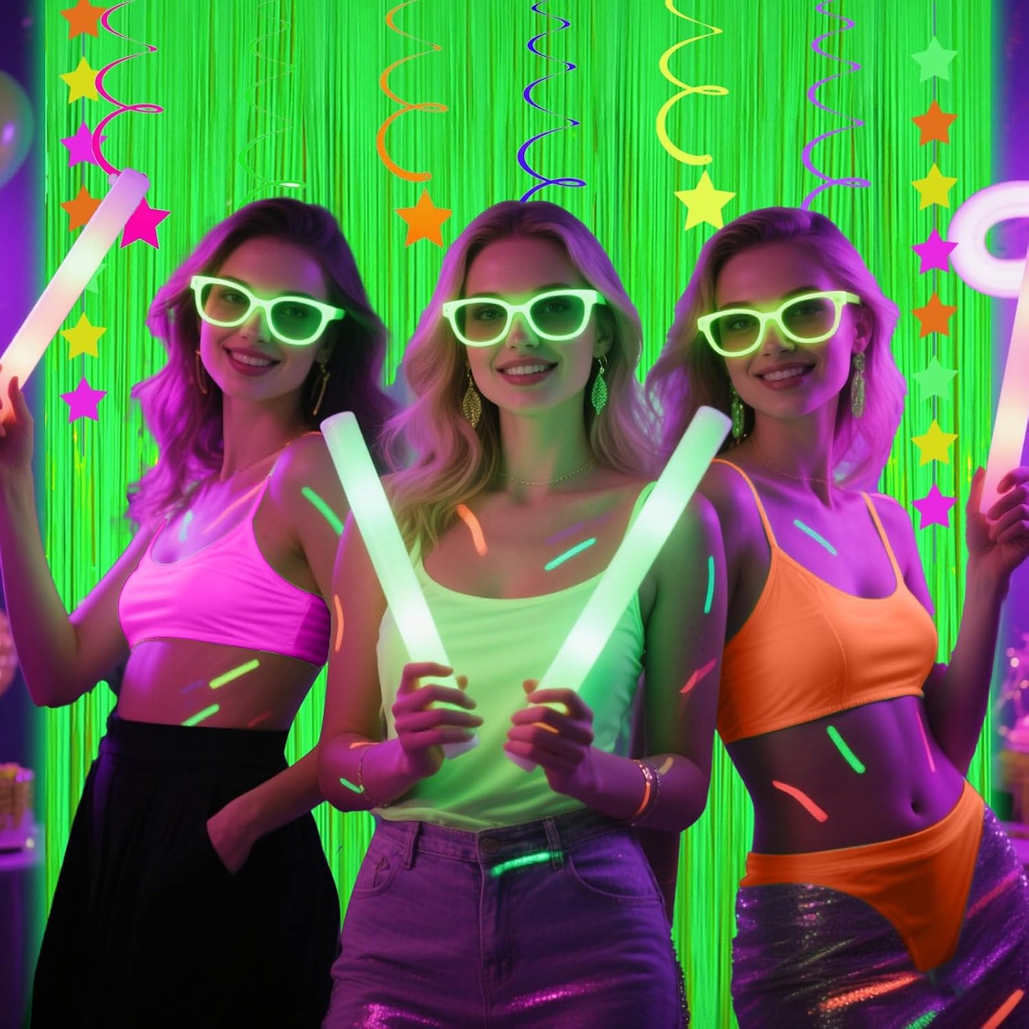 Glow in The Dark Party Supplies, 4 Packs Neon Party Decorations, Macaron Green Blacklight Reactive Fluorescent Tinsel Foil Fringe Curtains, Luminous Backdrop Streamers for Birthday, Photo Booth Prop