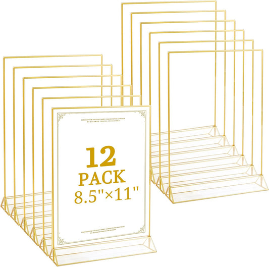 Floroom 12 Pack 8.5x11 Inch Clear Acrylic Sign Holders, Double-Sided Gold Display Stand Picture Frames for Table Numbers, Menus, Flyers, Weddings, and Offices