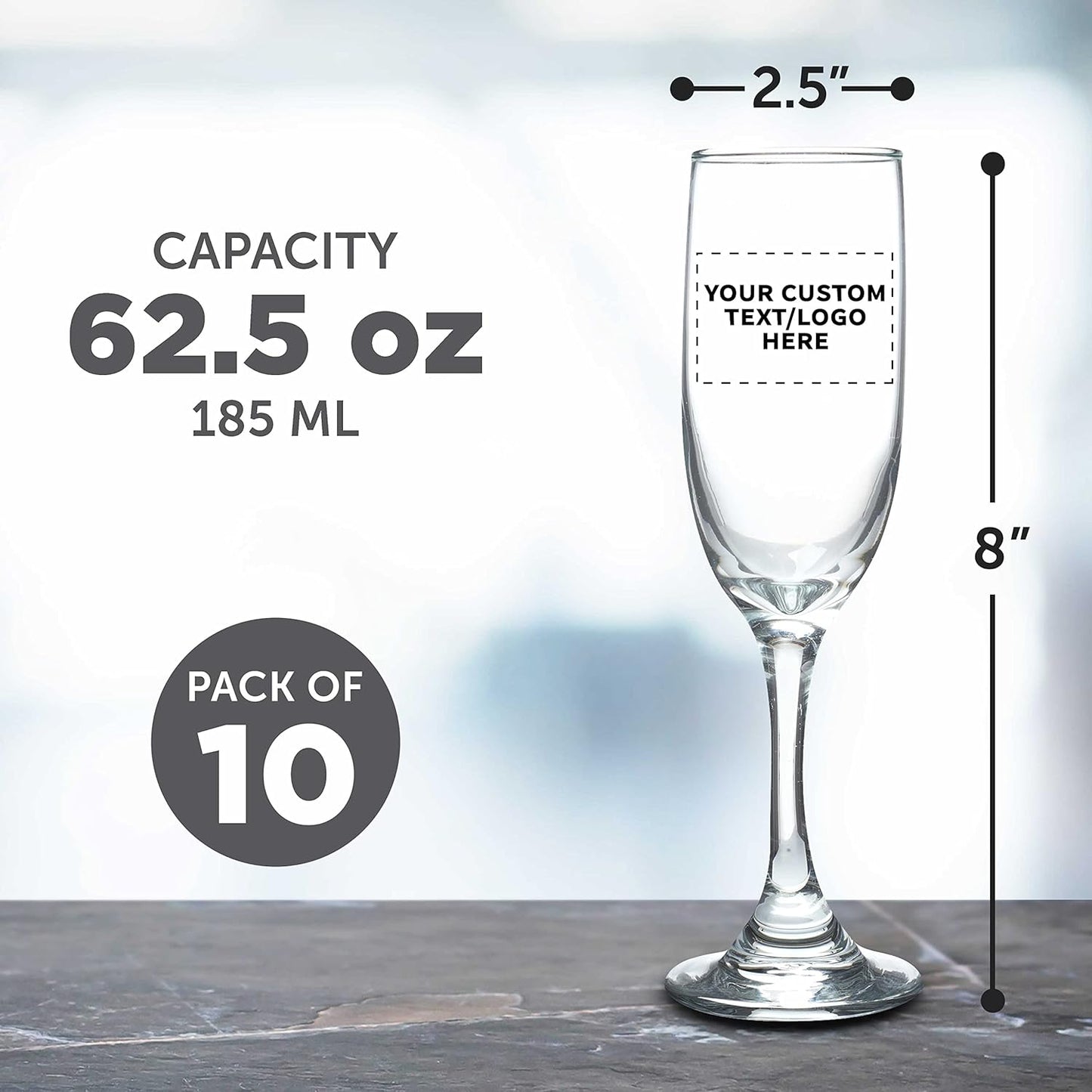 DISCOUNT PROMOS Custom Premiere Champagne Flutes 6.25 oz. Set of 10, Personalized Bulk Pack - Elegant Drinkware for Weddings, Events, & Promotional Gifts - Clear