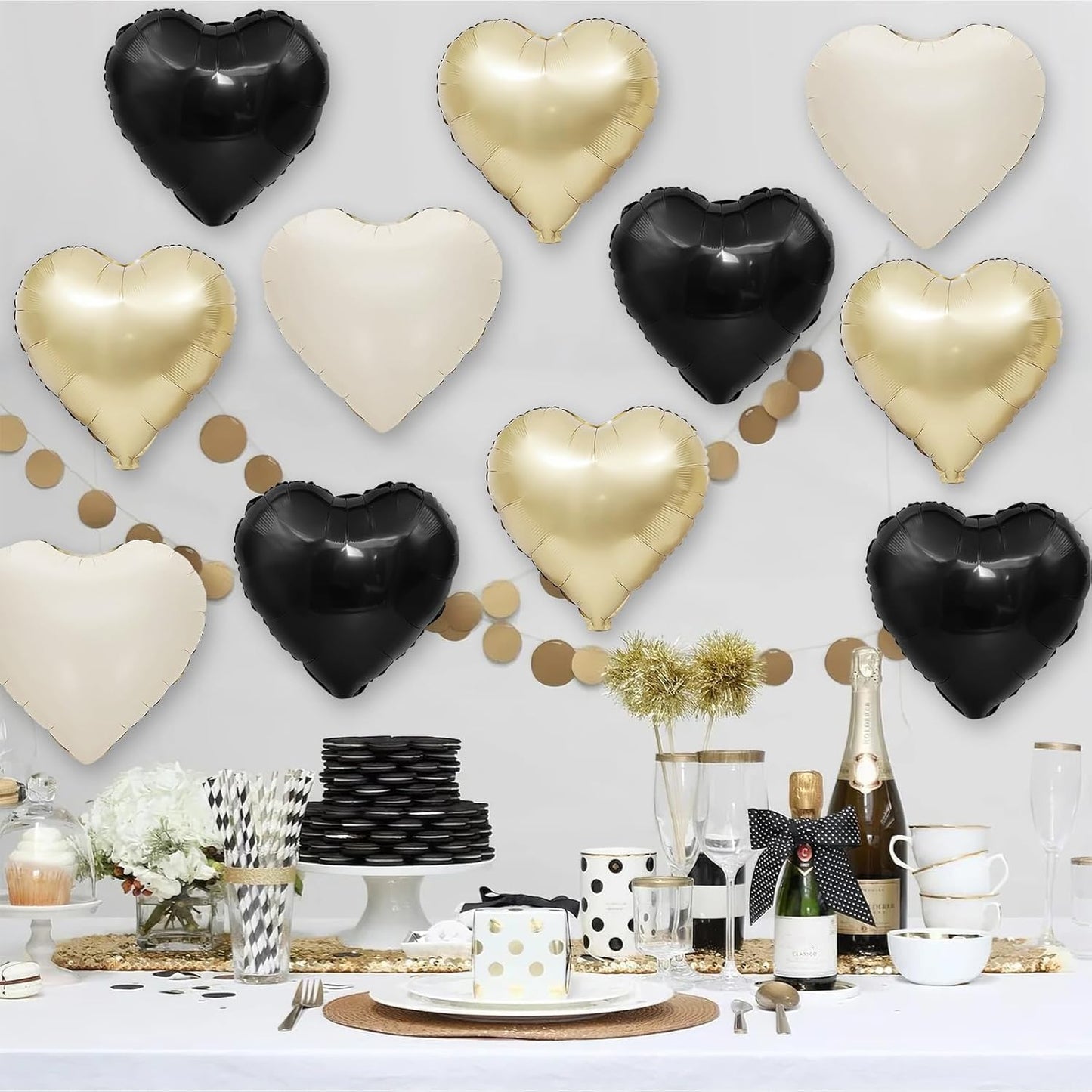 Black White Gold Heart Balloons,12Pcs 18Inch Black Cream White Champagne Gold Heart Shaped Foil Helium Balloons for Baby Shower Birthday Anniversary Wedding Engagement Party Decorations