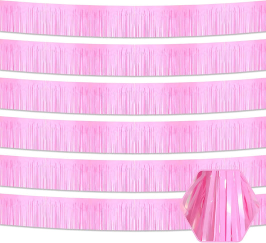 6 Pack 10 Feet Macaron Pink Foil Fringe Garland Metallic Tinsel Streamers Banner Wall Hanging Curtain Backdrop for Parade Floats, Birthday, Graduate, Mother's Day, Wedding Party Decoration