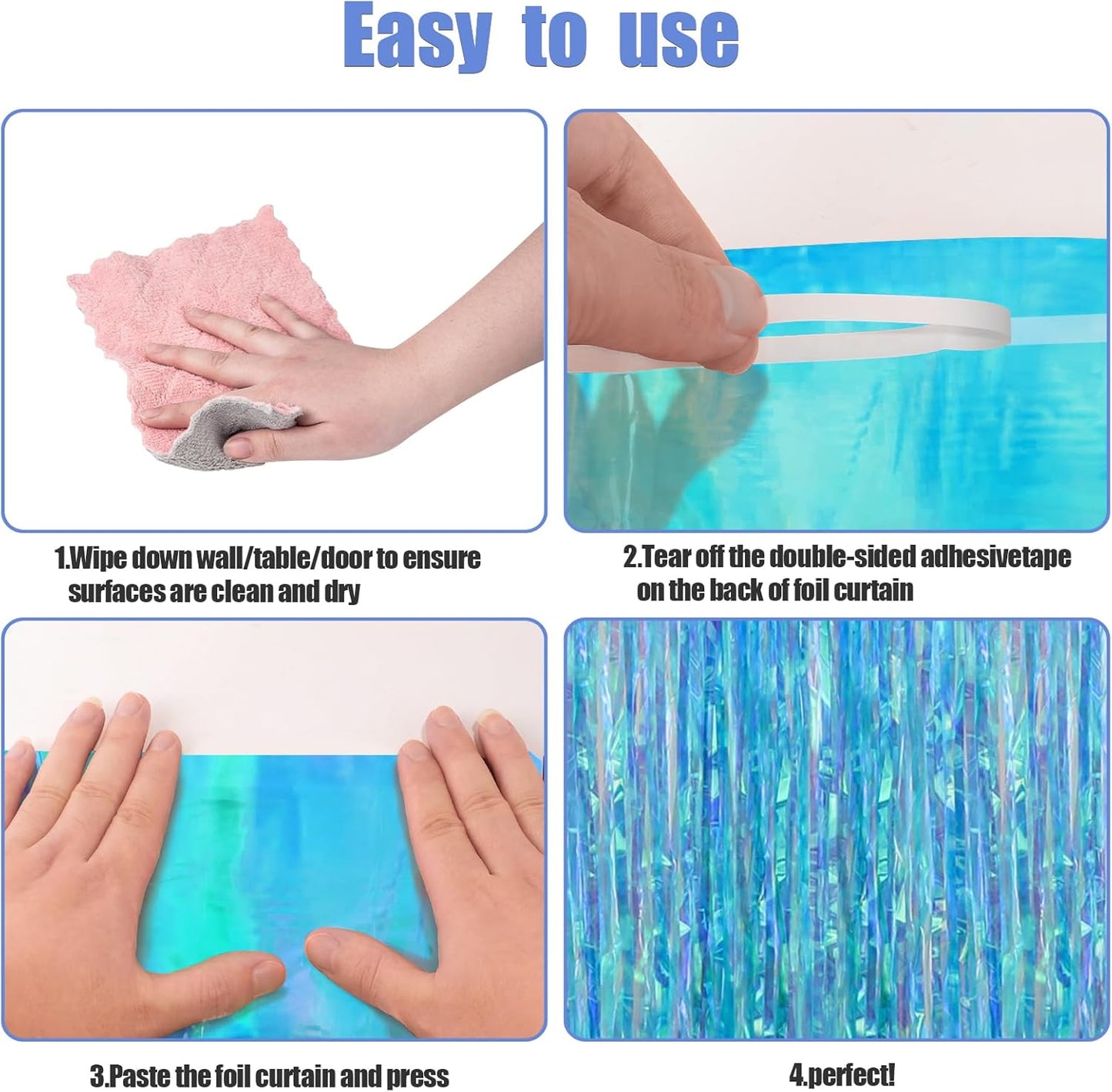 CANREVEL 2 Pack 3.2x6.5 Feet Iridescent Foil Fringe Backdrop Curtains, Clear Blue Tinsel Photo Booth Props Streamers Party Decorations for Birthdays Mermaid Sea Frozen Christmas Party