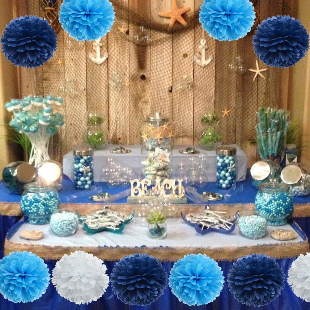 Paper Flower Tissue Pom Poms Party Supplies (navy blue,turqoise blue,white,12pc)