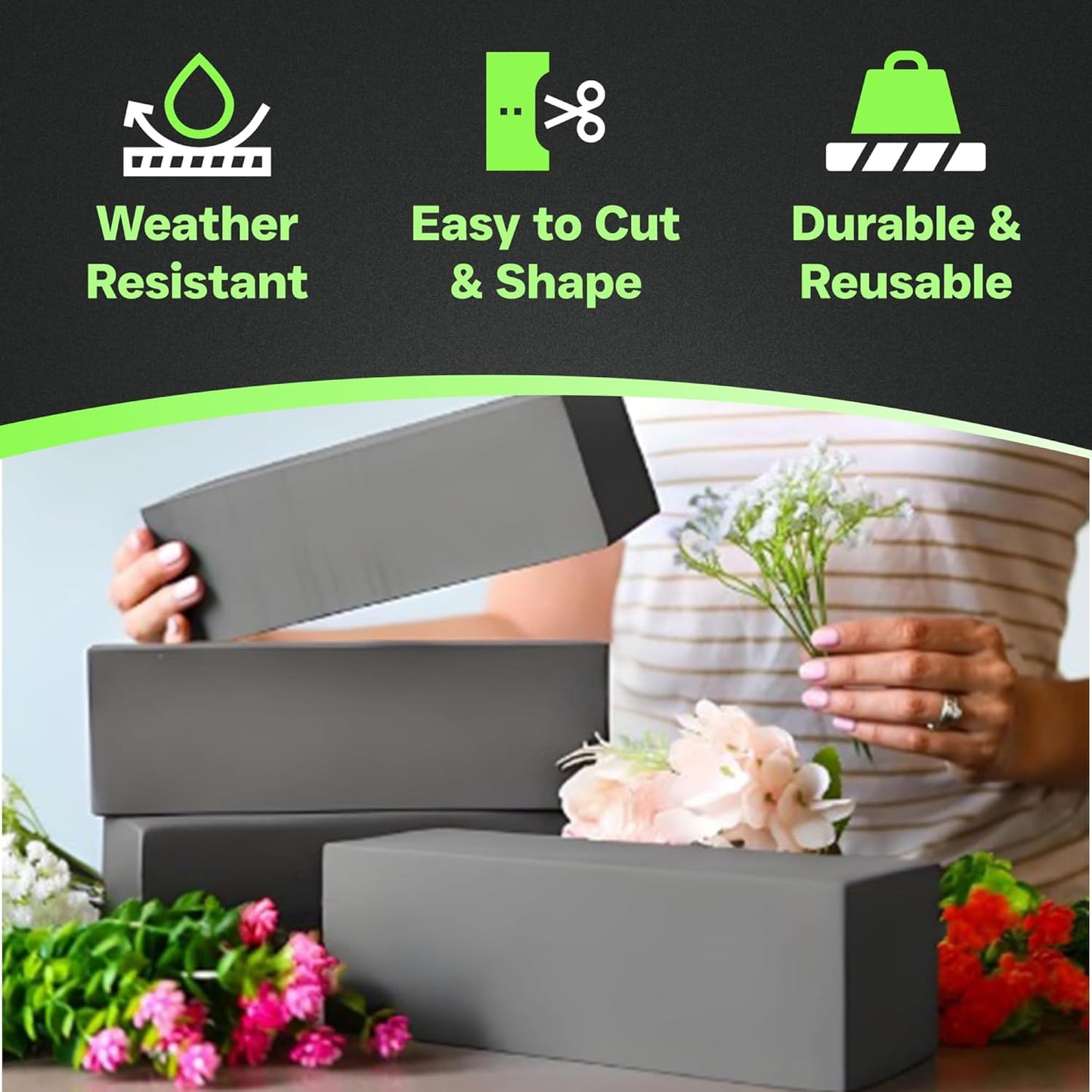 XCEL Floral Foam Blocks - Reusable, Weather Resistant Foam - Perfect for Fresh & Artificial Flower Arrangements, Crafts, Planter Boxes, Home Decor & More - 4-Pk, Gray (9” x 3” x 3”)