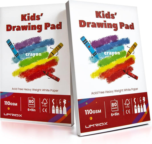 Umriox Drawing Pad for Kids, 6" x 9" Sketch Book, 2-Pack Sketch Pad (80 Sheets Each), 110gsm Acid-Free Drawing Paper, Glue-Bound Art Sketchbook for Kids' Classroom, Travel & School Art Supplies