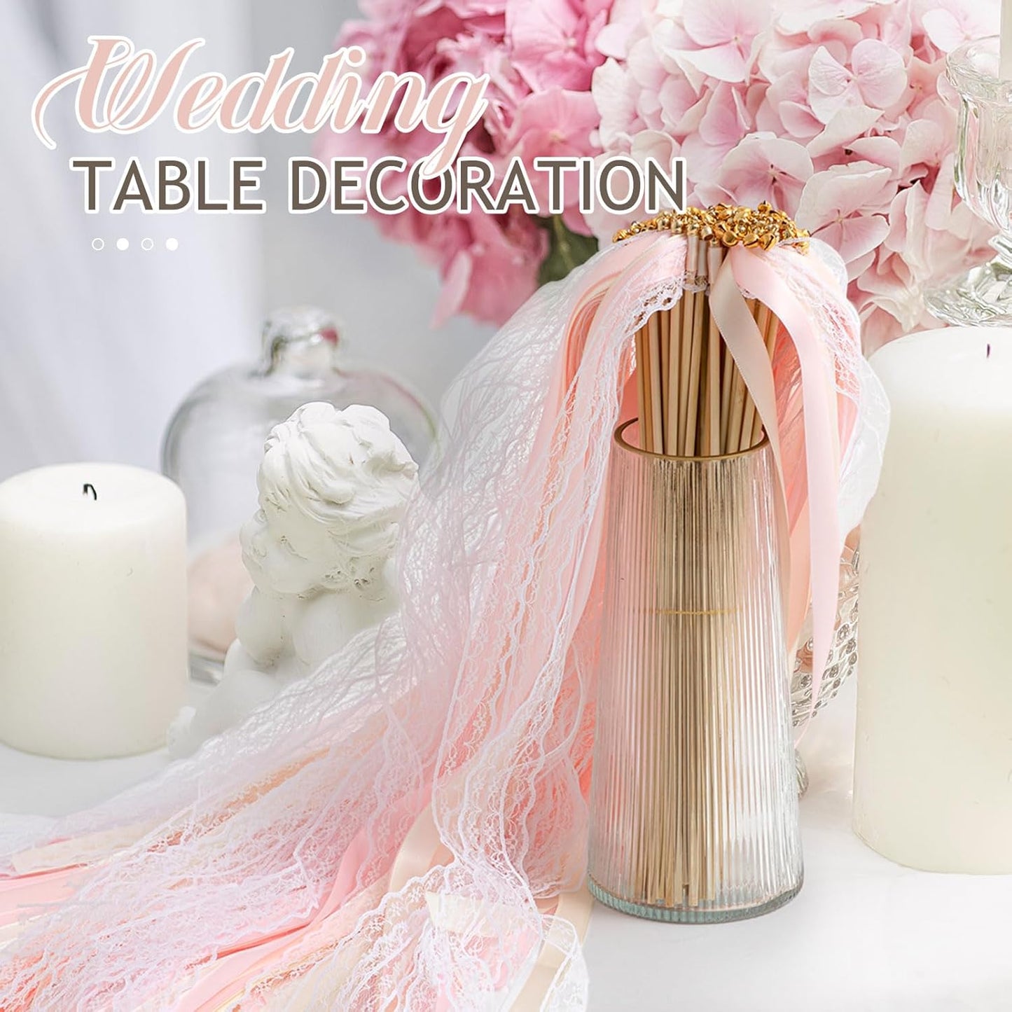 Taiyin 150 Pcs Lace Ribbon Stick Wands Wedding Wand Streamers with Bell Silk Ribbon Fairy Wand Wedding Send Off Streamer for Baby Shower Holiday Party Favors (Pink,Beige)