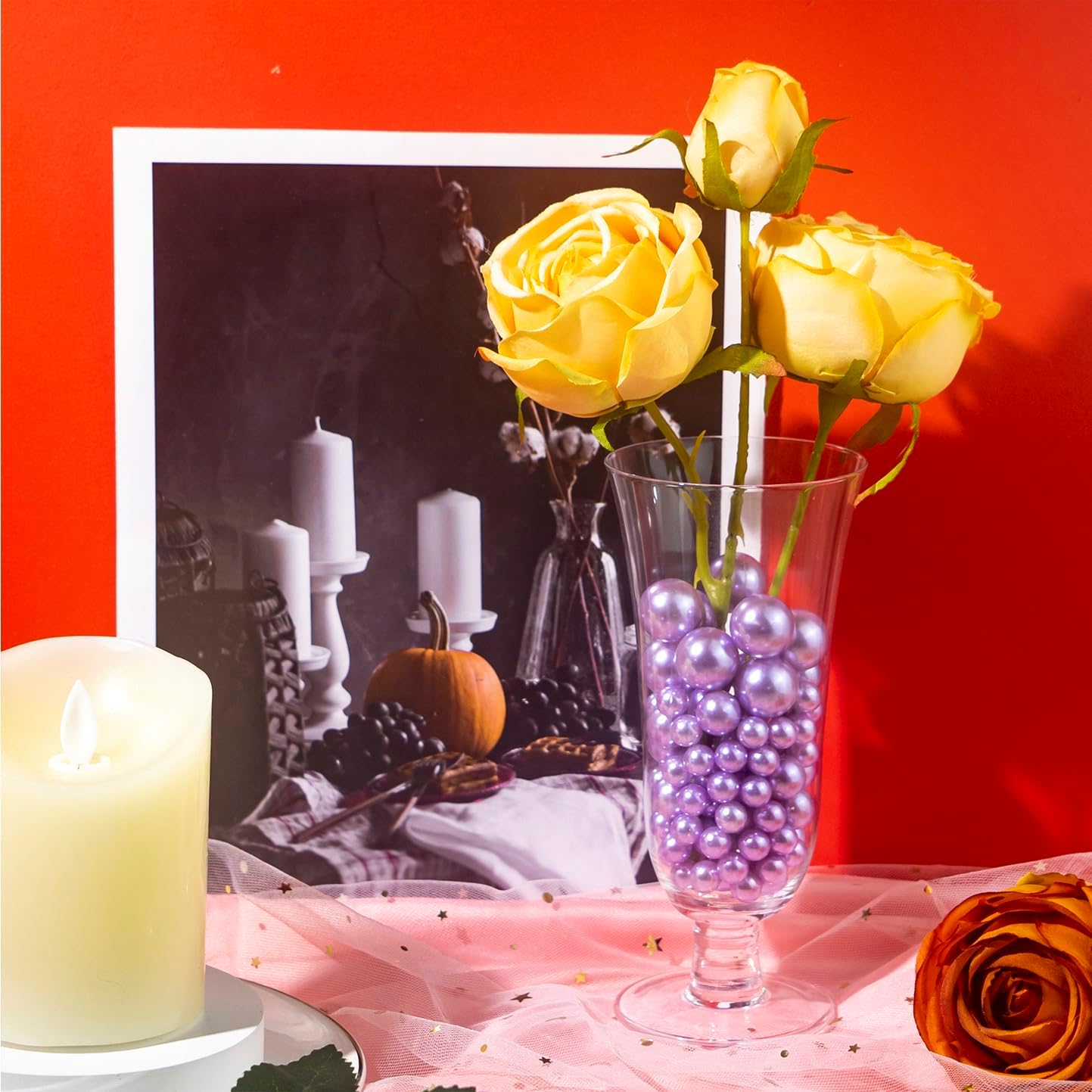 180 PCS Light Purple Beads for Centerpieces Vases, No Hole Polished Pearl Makeup Beads Mixed 8/14/20mm Sizes, Pearl Vase Fillers Table Scatters for Party Wedding Decor