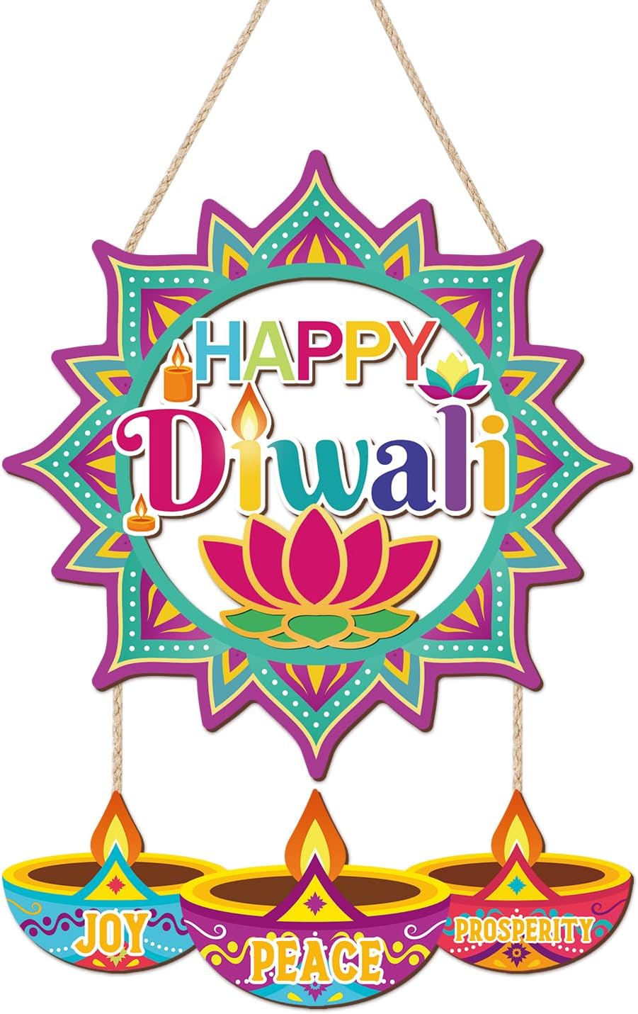 CHDITB Happy Diwali Front Door Sign Wreath(15"x11"), Wooden Lotus Rangoli Diyas Indian Festival of Lights Decoration Wall Hanging, Colorful Deepavali Themed Hanger Decor for Porch Home Office Party