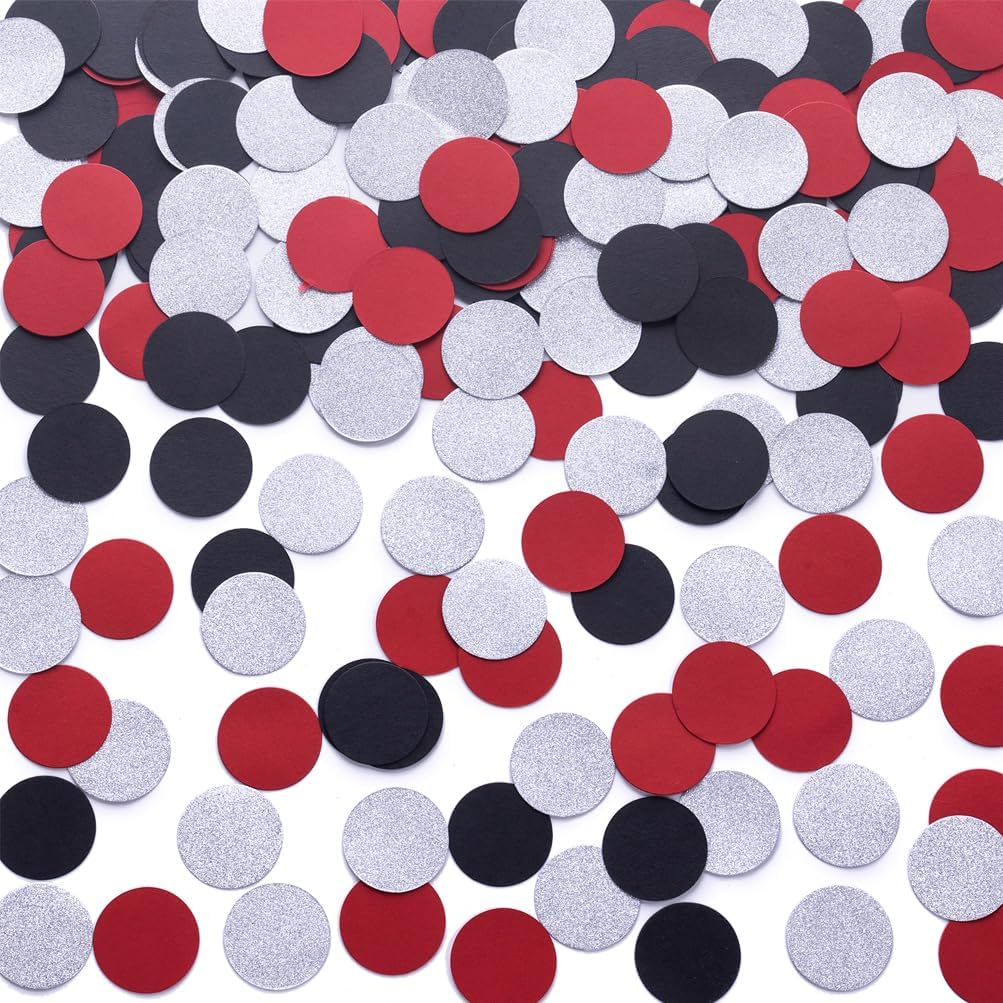 Silver Black and Red Confetti Table Decoration for Birthday Retirement Halloween Graduation Theme Party,1.2 inch in Diameter,200 Counts