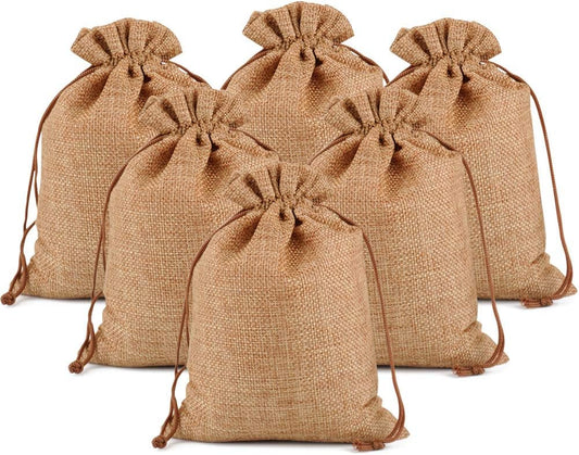 Lucky Monet 25/50/100PCS Burlap Gift Bags Wedding Hessian Jute Bags Linen Jewelry Pouches with Drawstring for Birthday, Party, Wedding Favors, Present, Art and DIY Craft (100Pcs, Coffee, 7” x 9”)