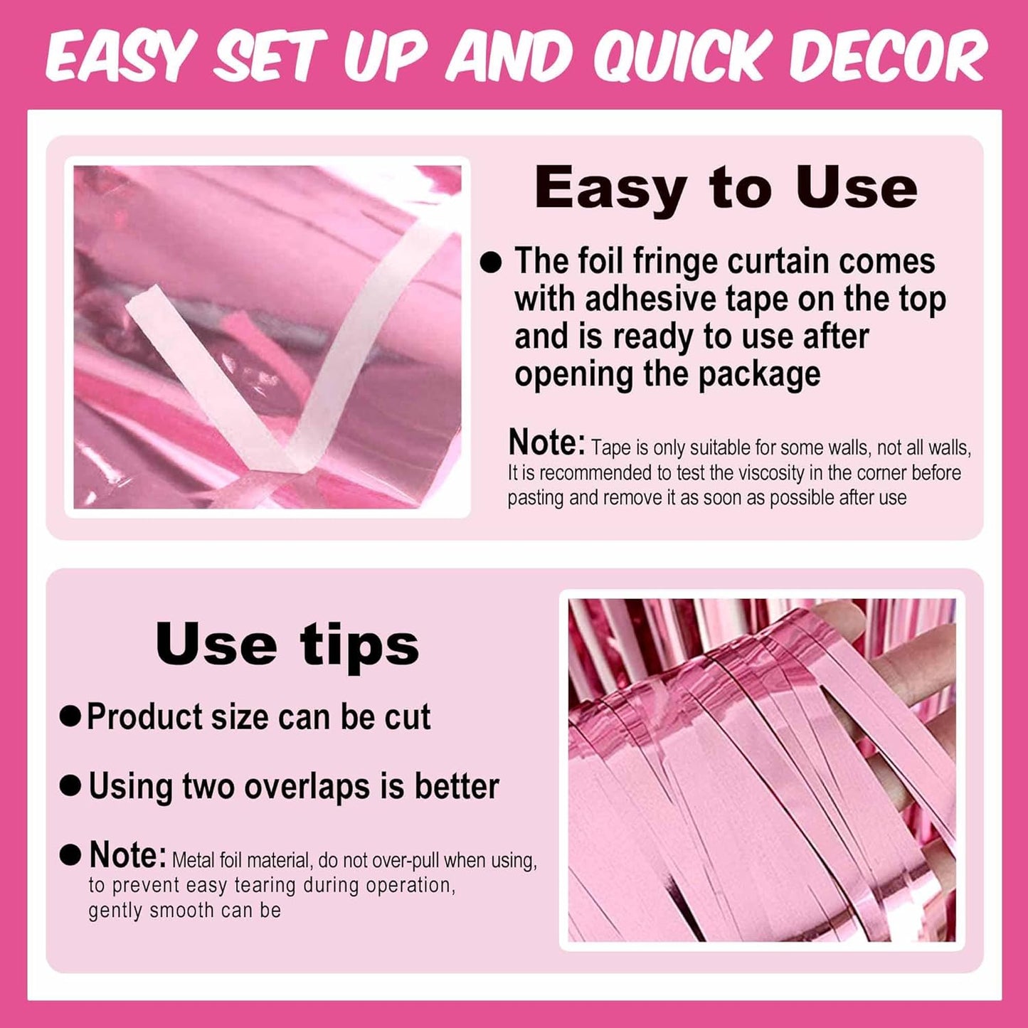 3 Pack Pink Foil Fringe Curtains Backdrop, 3.28 x 9.8 Ft Metallic Streamers Tinsel Curtains Background for Photo Booth, Birthday, Halloween, Christmas, Thanksgiving, New Year Party Decorations