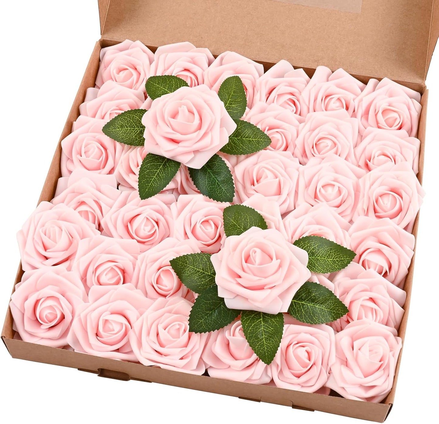 BLEUM CADE 36Pcs Artificial Flowers Fake Roses with Stems, Pink Boxed Foam Roses for DIY Bouquets Centerpieces Wedding Party Arrangement Bridal Shower Decor