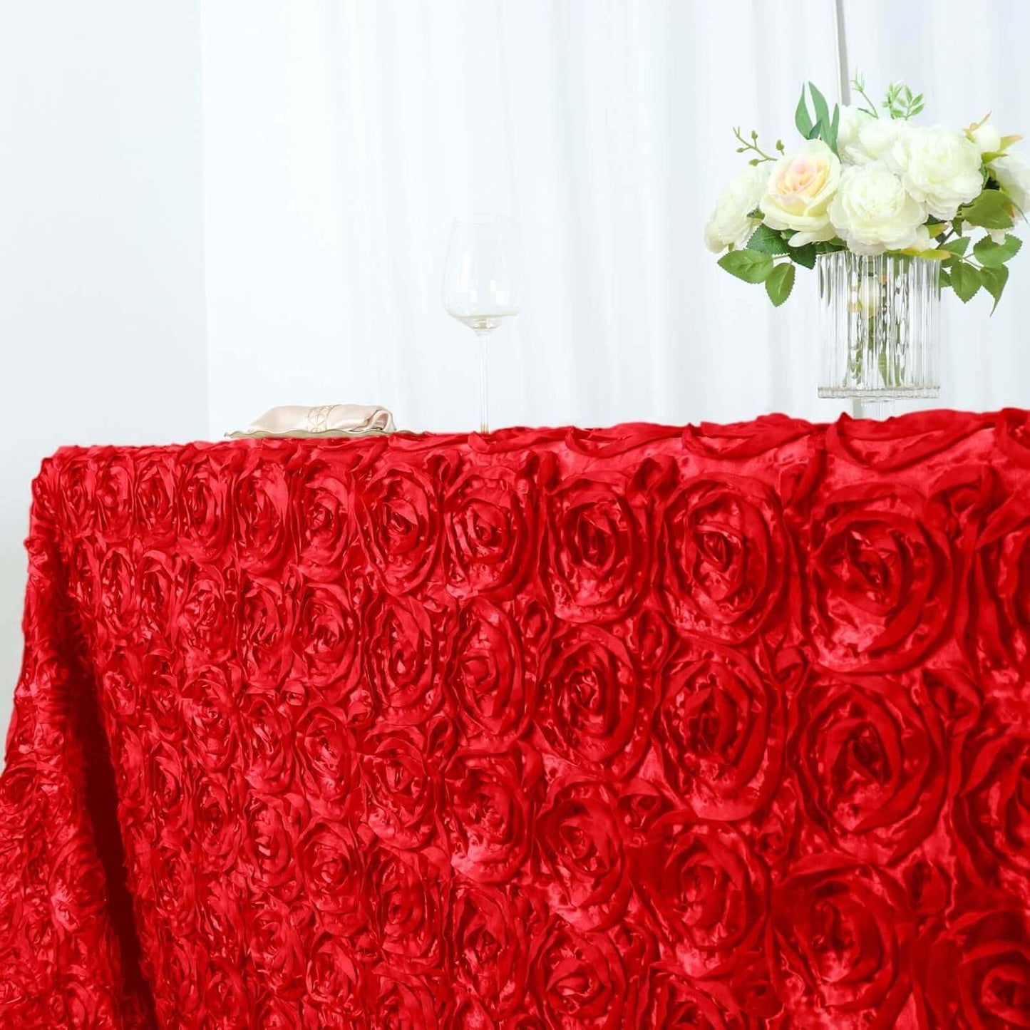 Efavormart 90"x156" Wholesale Rectangle Table Cover RED Grandiose Rosette 3D Satin Tablecloth for Wedding Party Event Decoration