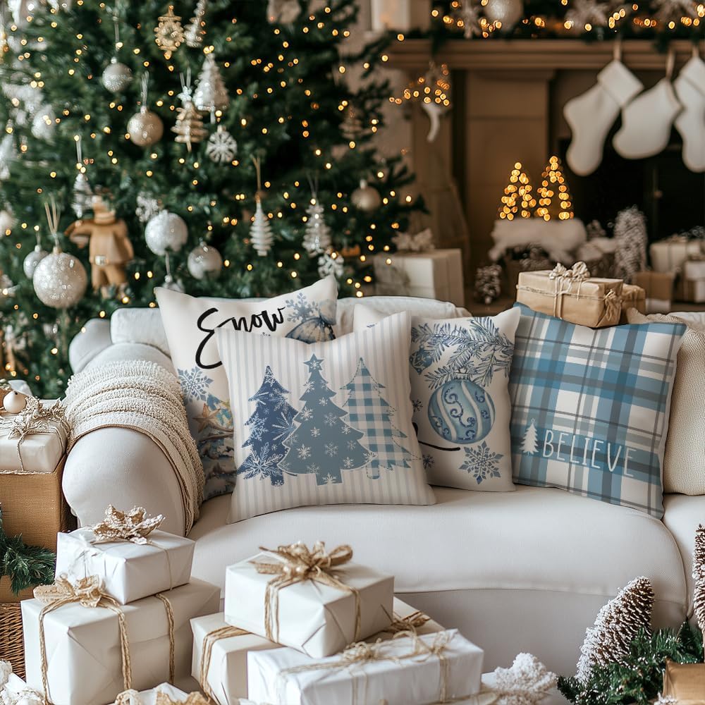 GEEORY Winter Christmas Throw Pillow Covers 16 x 16 Inch Set of 4, Xmas Trees Snowflake Snowman Joy Plaid Holiday Farmhouse Decorative Cushion Cases for Home Decoration G582-16