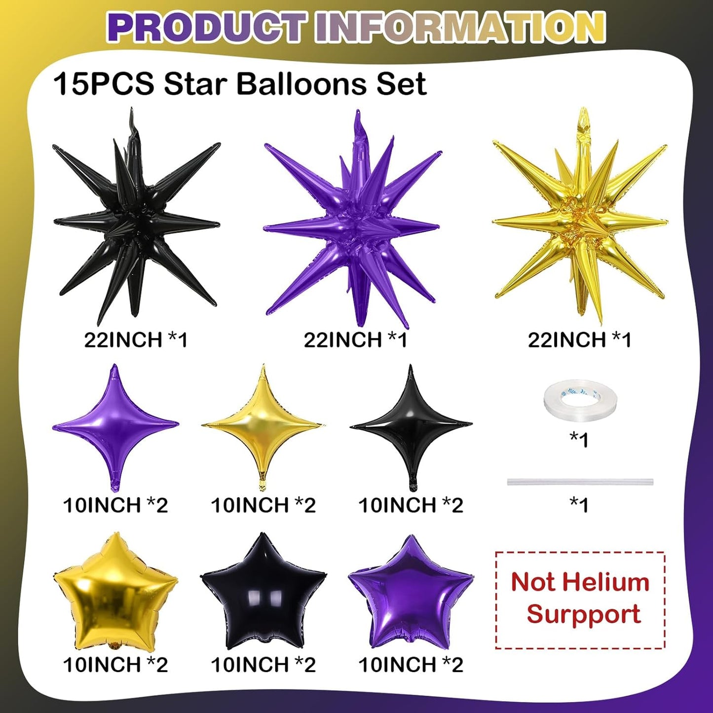 Star Balloons, 22in Purple Black and Gold Star Balloons Foil 10in 4-Pointed & Pentagram Balloon for Graduation Halloween New Year Birthday Party Decorations