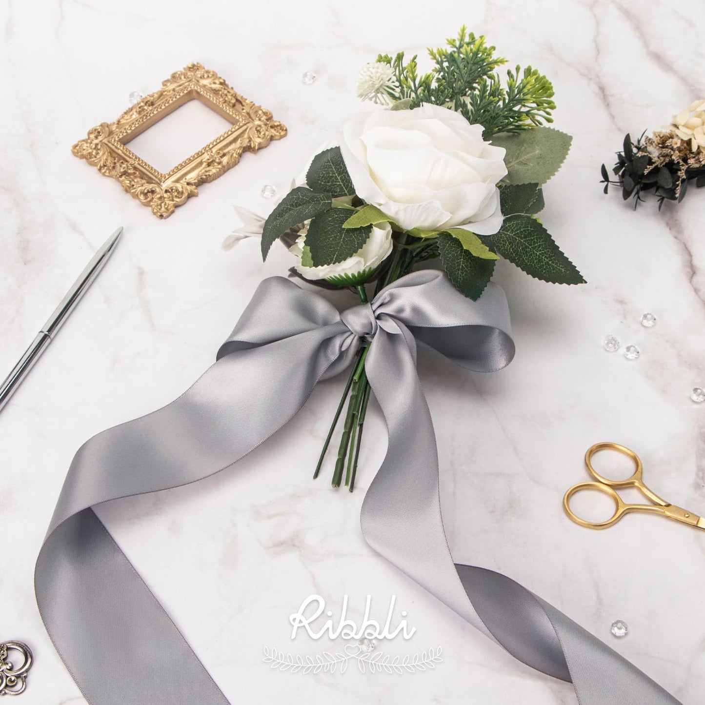 Ribbli Silver Double Faced Satin Ribbon, 2” x Continuous 10 Yards,Use for Bows Bouquet,Gift Wrapping,Floral Arrangement,Wedding Decoration