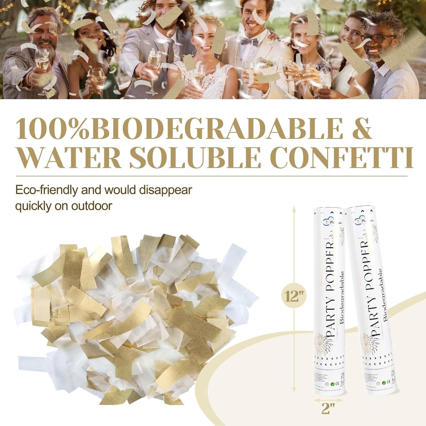 White Mix Gold Rice Confetti Cannon,6Pack Biodegradable Mulitcolor Confetti Poppers Party Shooters,12inch Party Poppers For Lawns Wedding,Birthday,Celebrations,Photo Shoots and New Years.