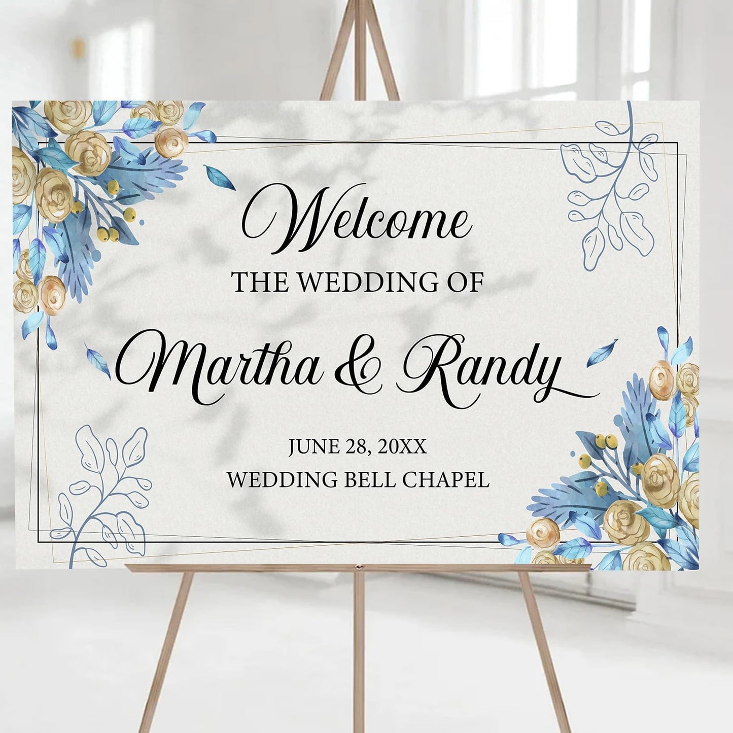 Editable Watercolor Wedding Welcome Sign, Boho Floral Template, Printable Blue Ceremony Decor, Minimalist Reception Signage