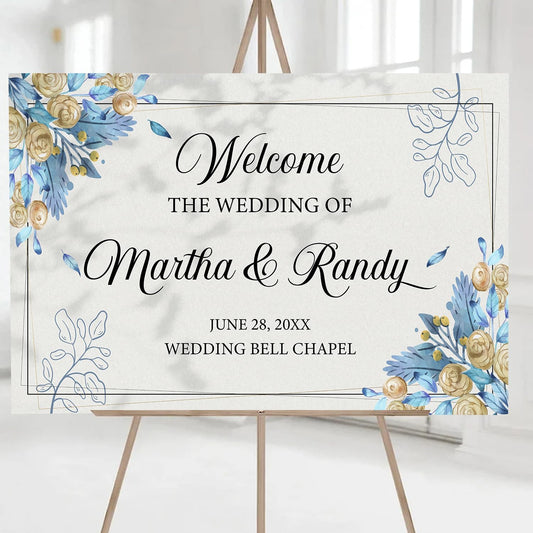Editable Watercolor Wedding Welcome Sign, Boho Floral Template, Printable Blue Ceremony Decor, Minimalist Reception Signage