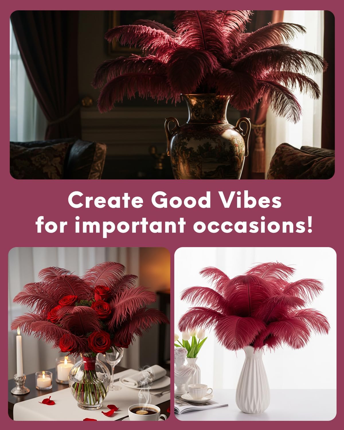 NEWONG 30pcs Wine red Ostrich Feathers Natural Bulk 8-10in（20-25cm） Vase Craft Wedding Home Party Centerpieces Christmas Day Decoration